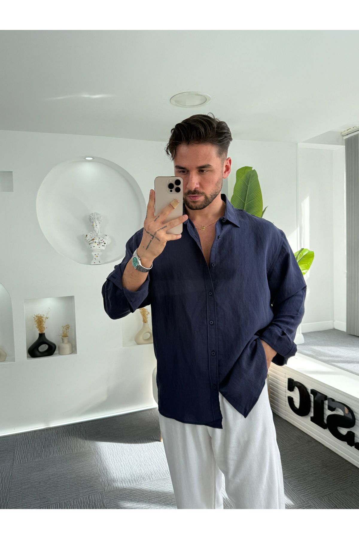 UTTBASİC GG Armür Çizgili Oversize Gömlek