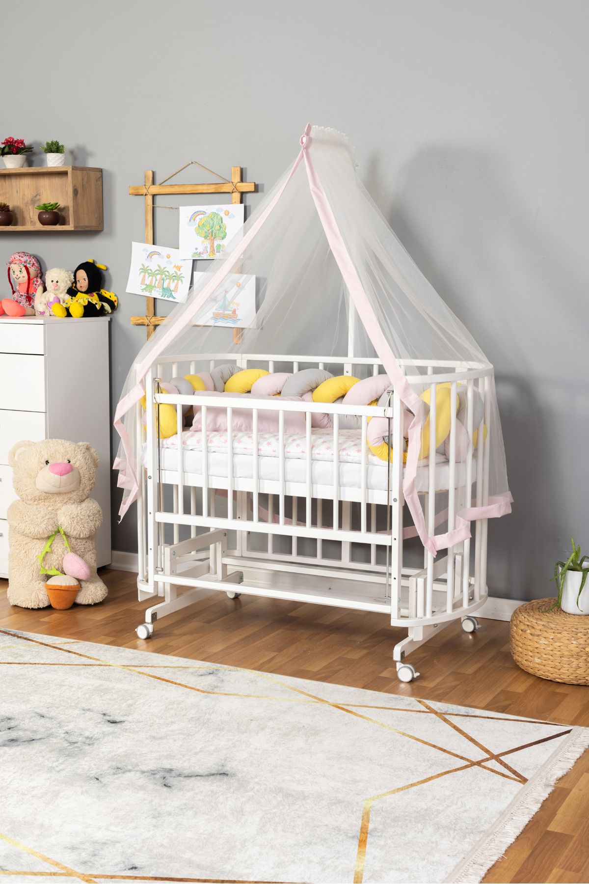 Carino Wins Ahşap Beşik Anne Yanı Yeni Doğan Papatya Beyaz Bebek Beşiği PEMBE SARI ÖRGÜ UYKU SETLİ+TEKER