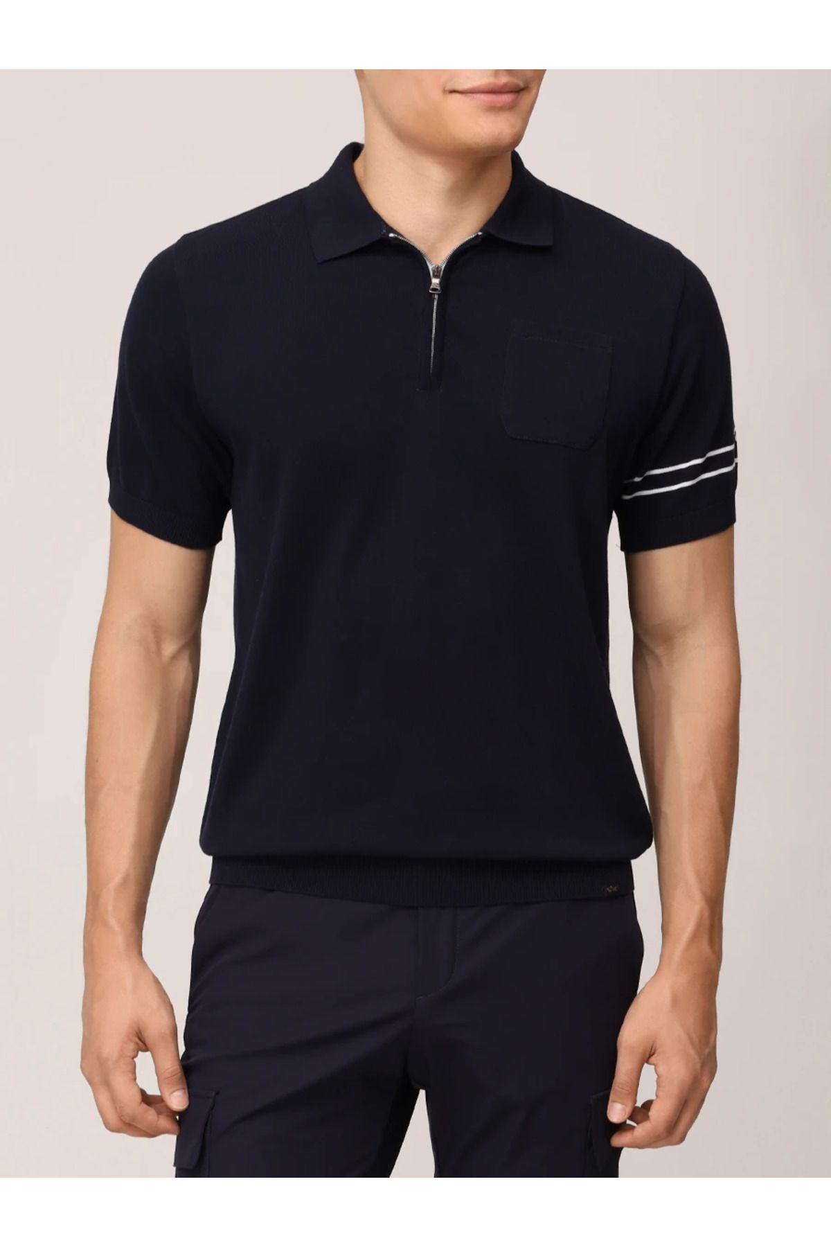 PAUL&SHARK Erkek Regular Fit Yarım Fermuarlı Kolları Çizgi Desenli Kısa Kollu Lacivert-Beyaz Polo Yaka T-Shirt