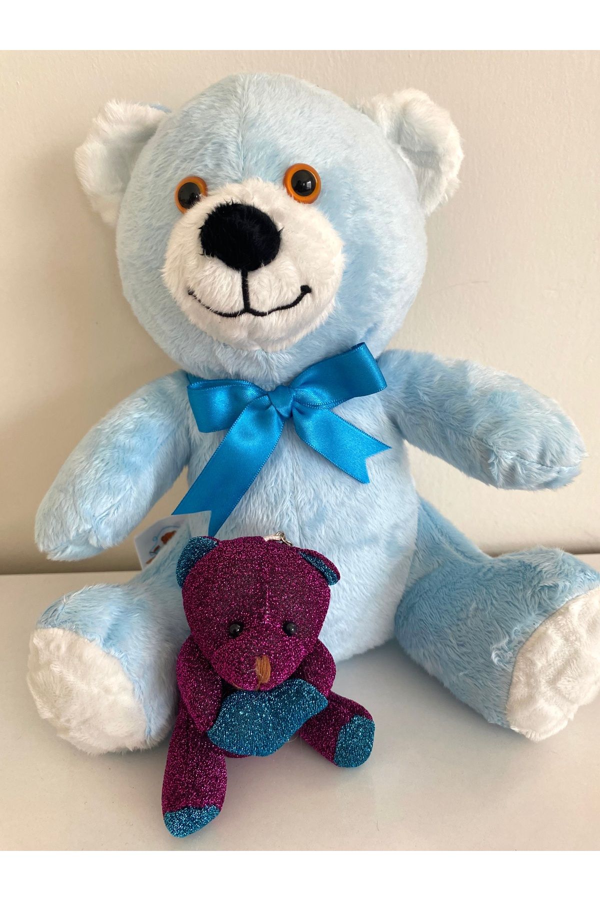 ayıcık Anne Kız Peluş Ayıcık Seti – 30 cm Mavi Peluş ve Işıltılı Mini Ayı