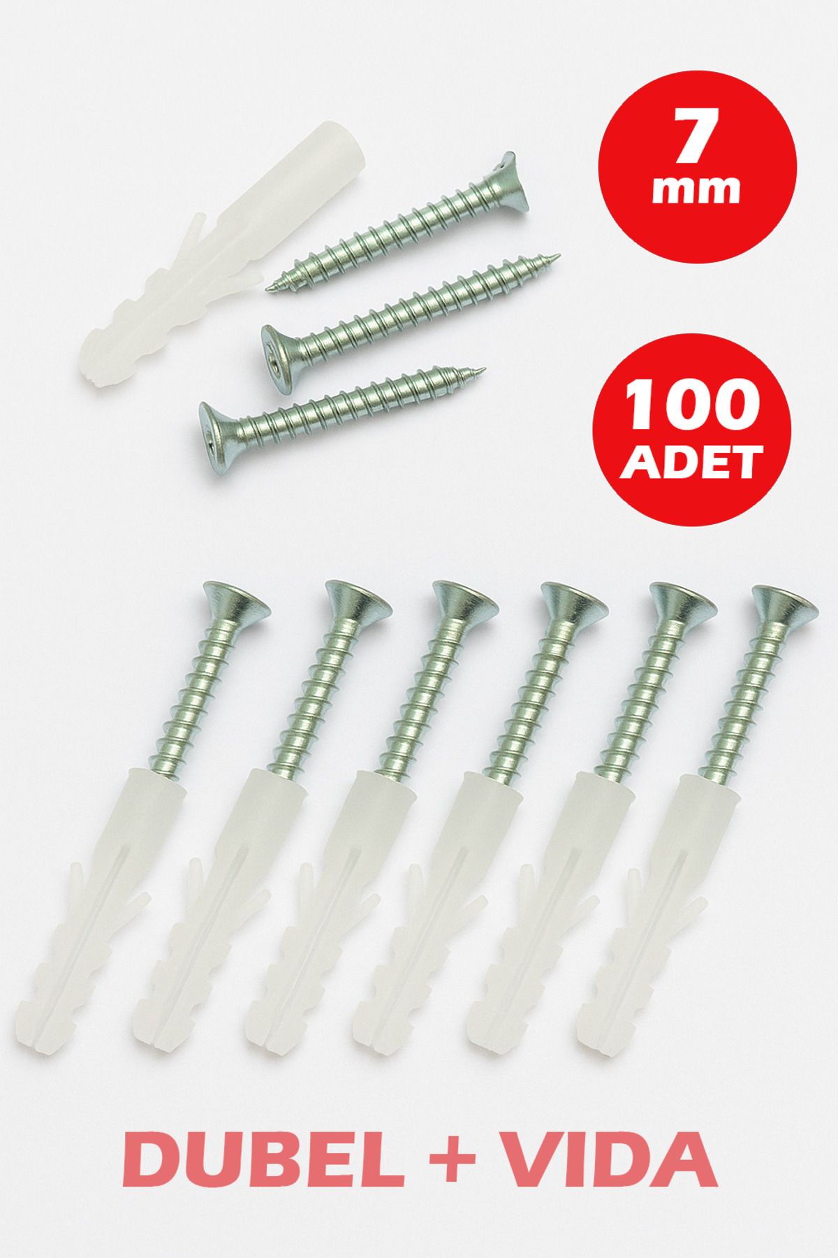 Şenzen 7mm Plastik Dübel + Vida Seti 100 Adet