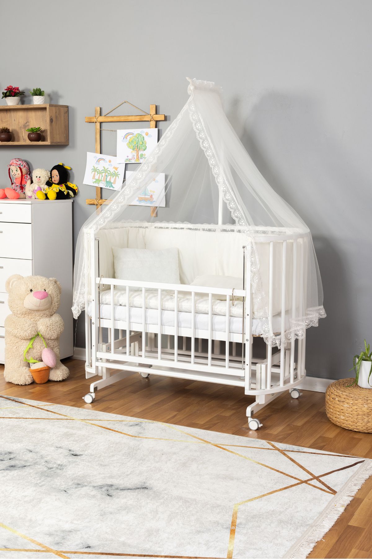 Carino Wins Ahşap Beşik Anne Yanı Yeni Doğan Papatya Beyaz Bebek Beşiği KREM GÜPÜR UYKU SETLİ + TEKER