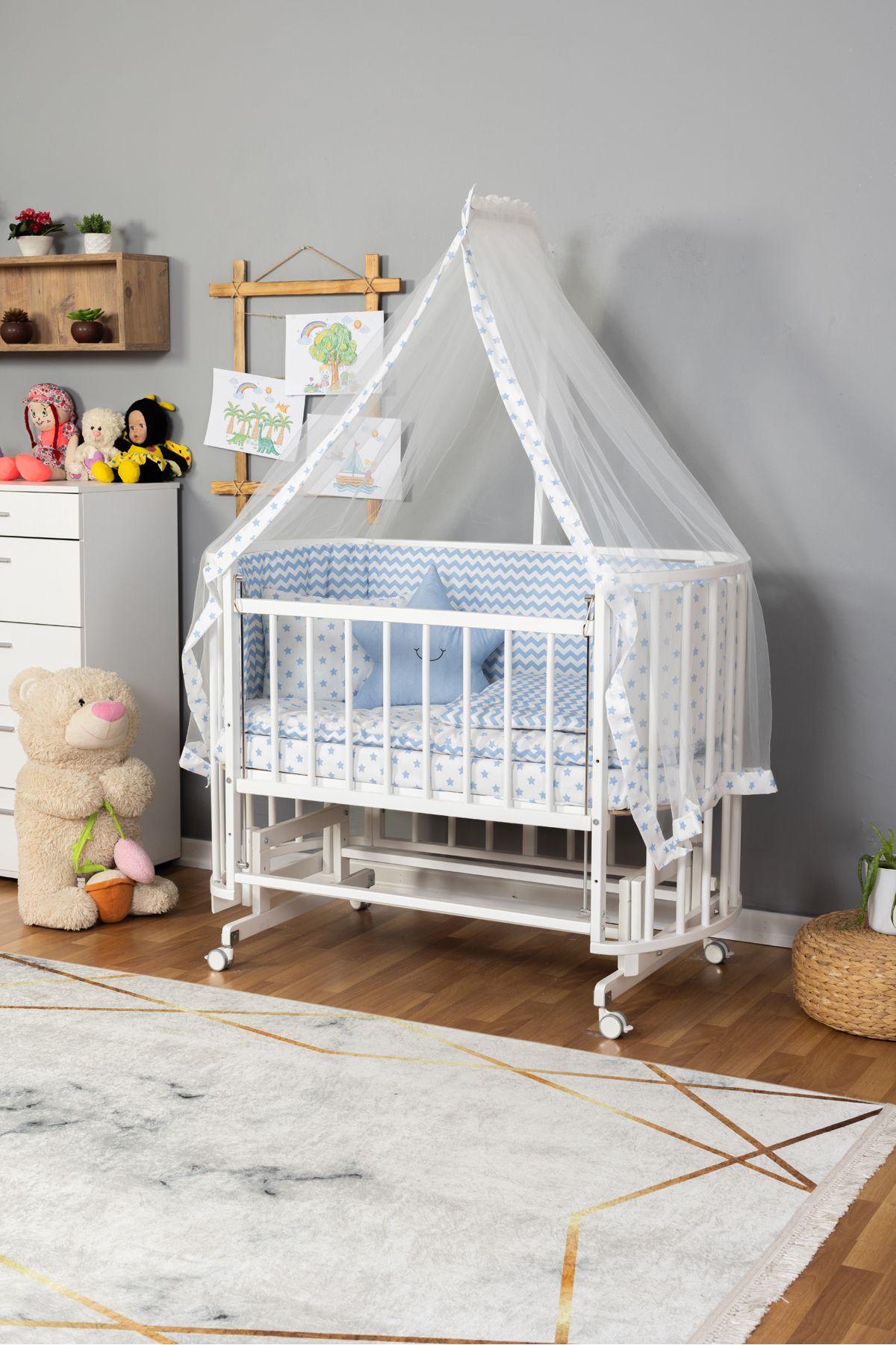 Carino Wins Ahşap Beşik Anne Yanı Yeni Doğan Papatya Beyaz Bebek Beşiği MAVİ YILDIZ UYKU SETLİ + TEKERLEK