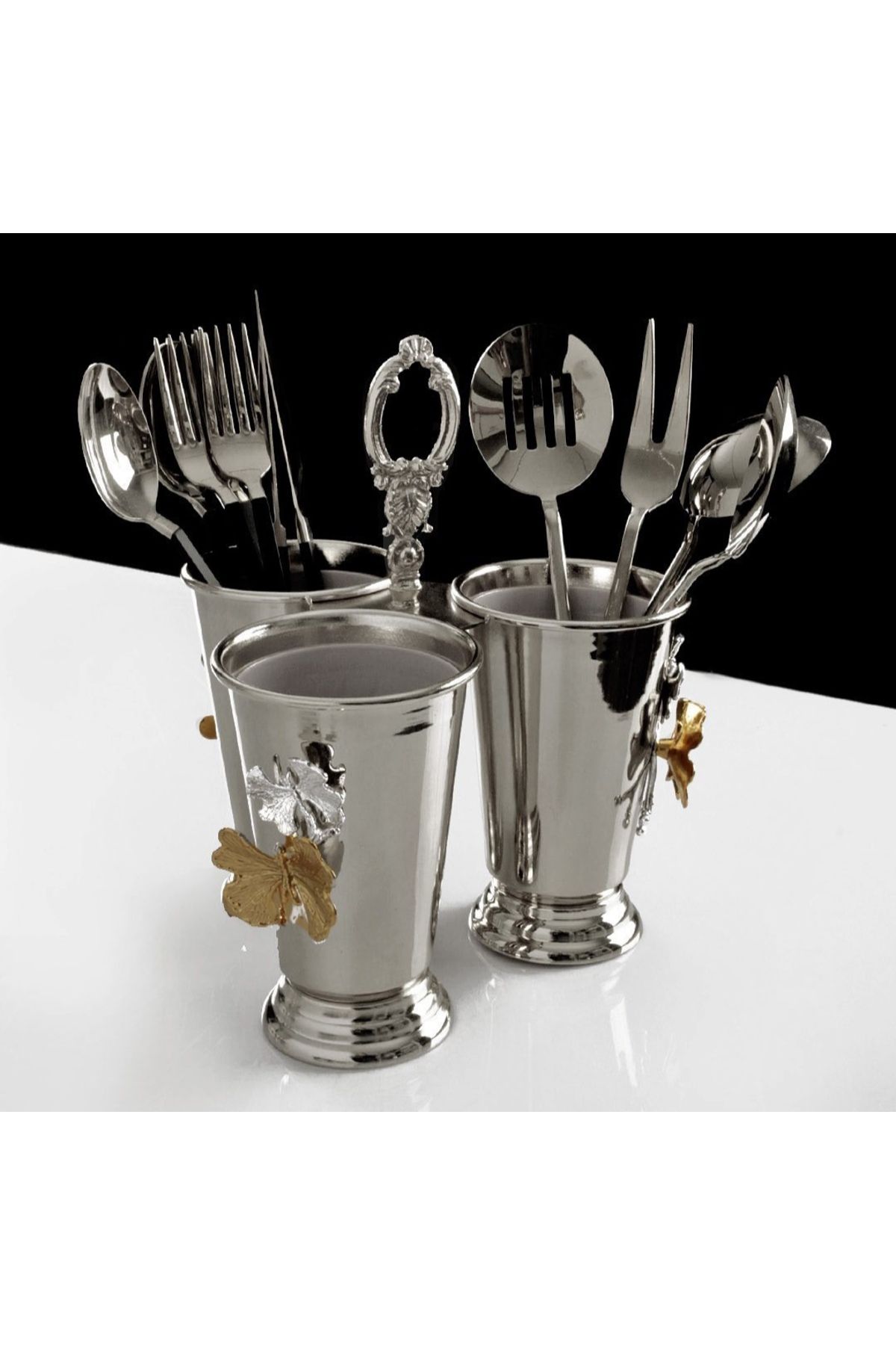 PARILTI HOME COLLECTİON 3'lü Lüks Gümüş Kaşıklık Kelebek Figürlü