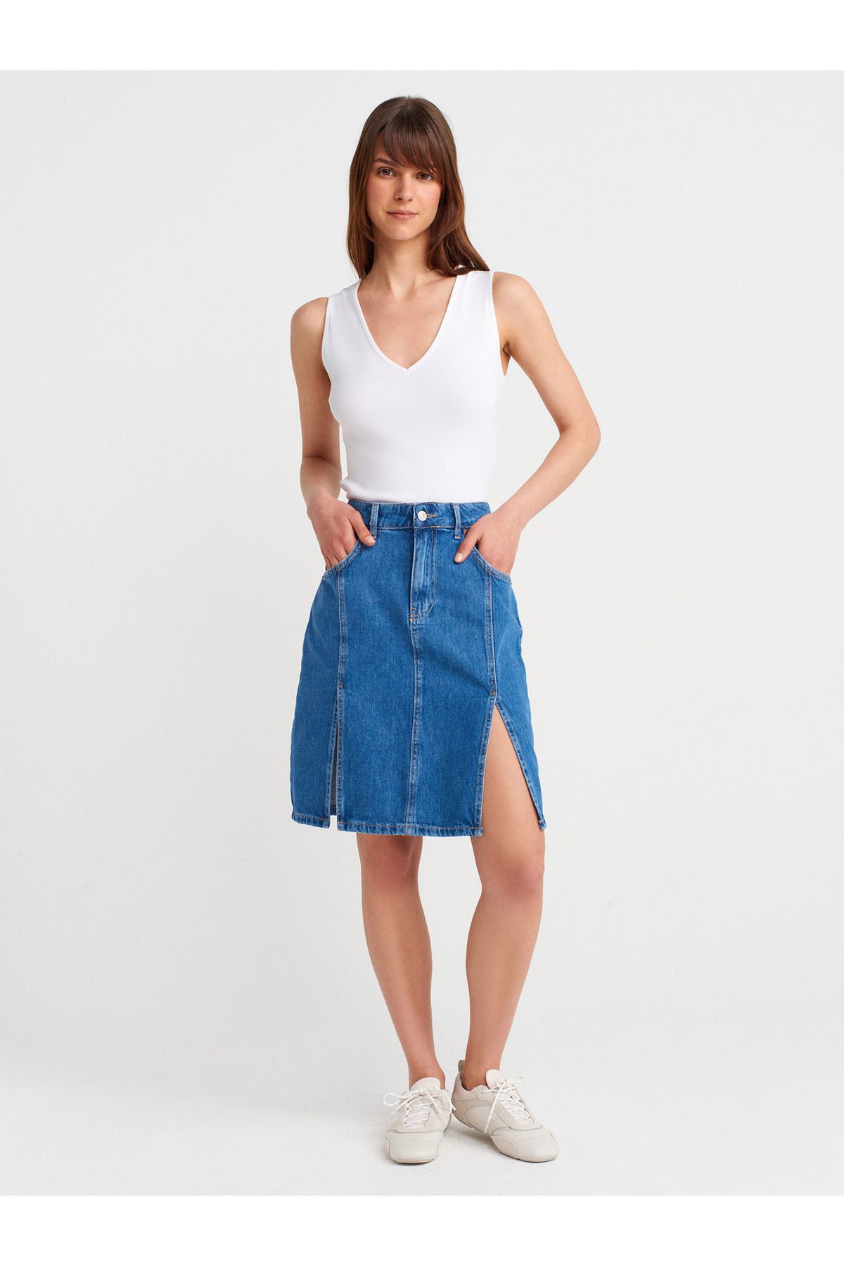 Dilvin 80584 Çift Yırtmaçlı Midi Denim Etek-Mavi