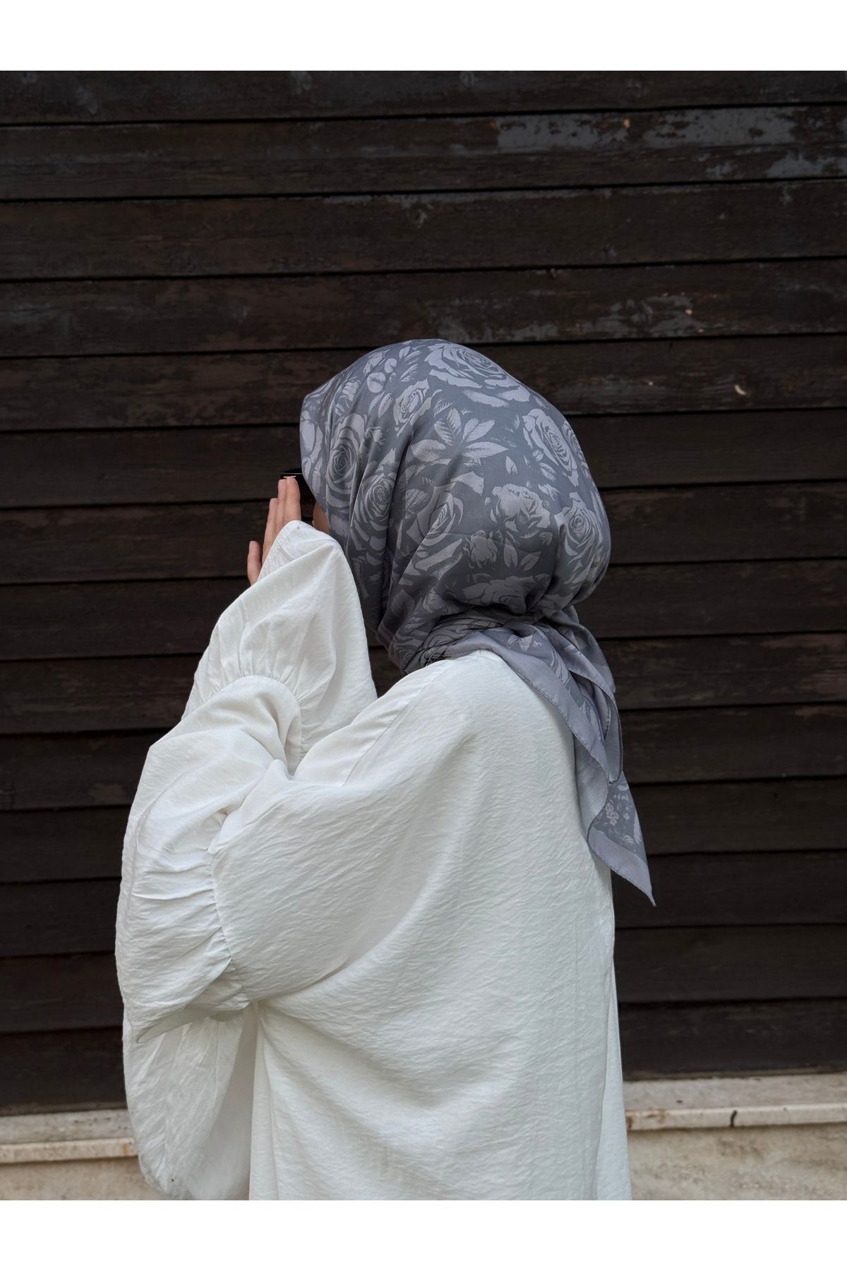 Qalortex Scarf Pamuklu Soft Roza Desen Eşarp-Gri