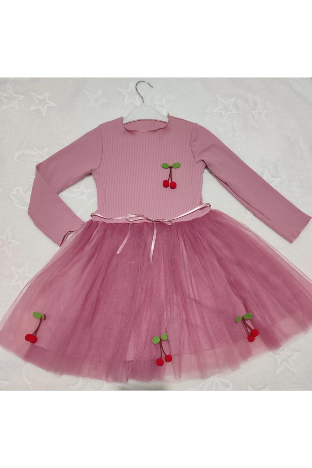 onlinebutik Kiraz Desenli Kurdela Kuşaklı Astarlı Uzun Kollu Kız Çocuk Tütü Elbise Gül Kurusu