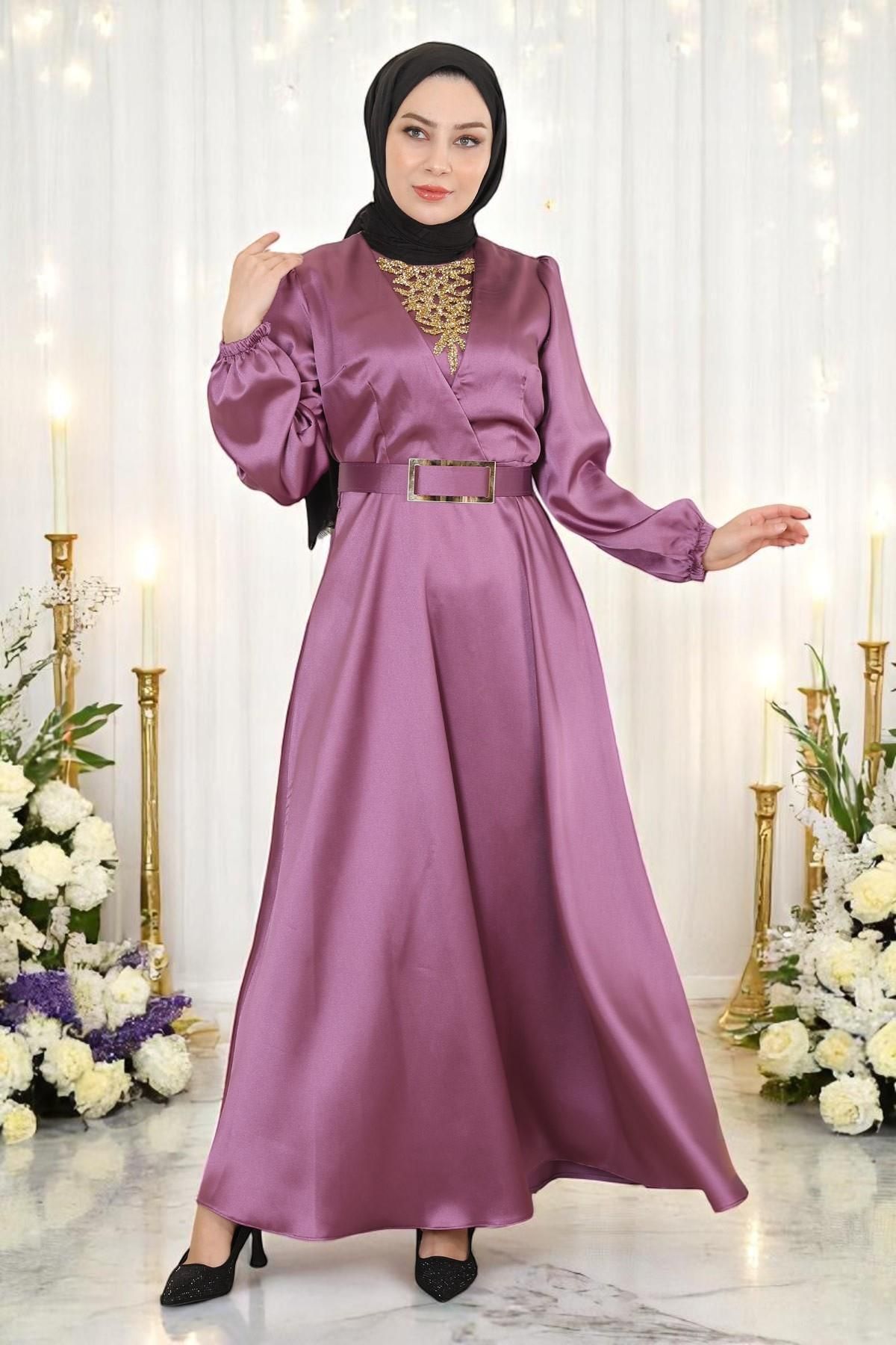 Missvalle Taş Detaylı Saten Abiye Gül Kurusu 19901