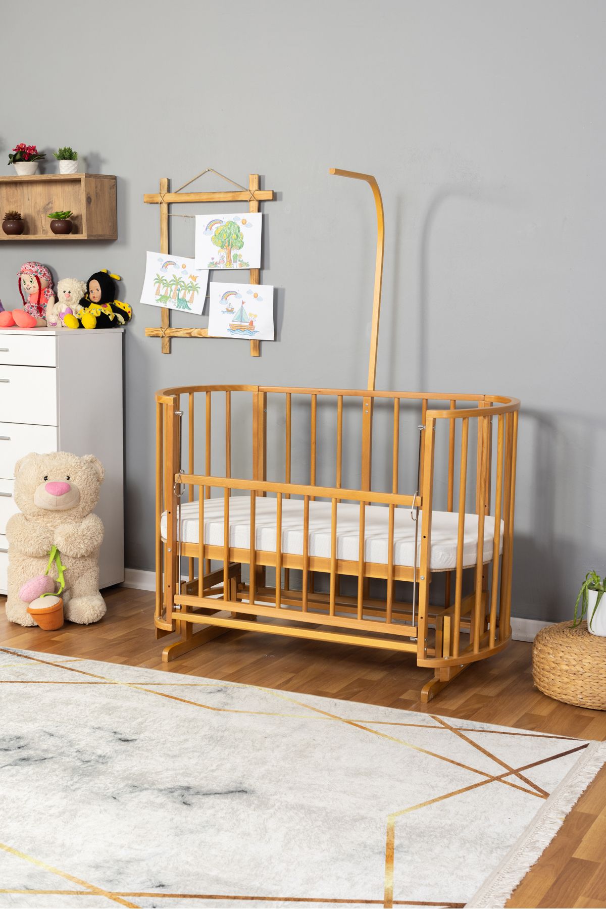Carino Wins Ahşap Beşik Anne Yanı Yeni Doğan Papatya Doğal Bebek Beşiği TEK YATAK