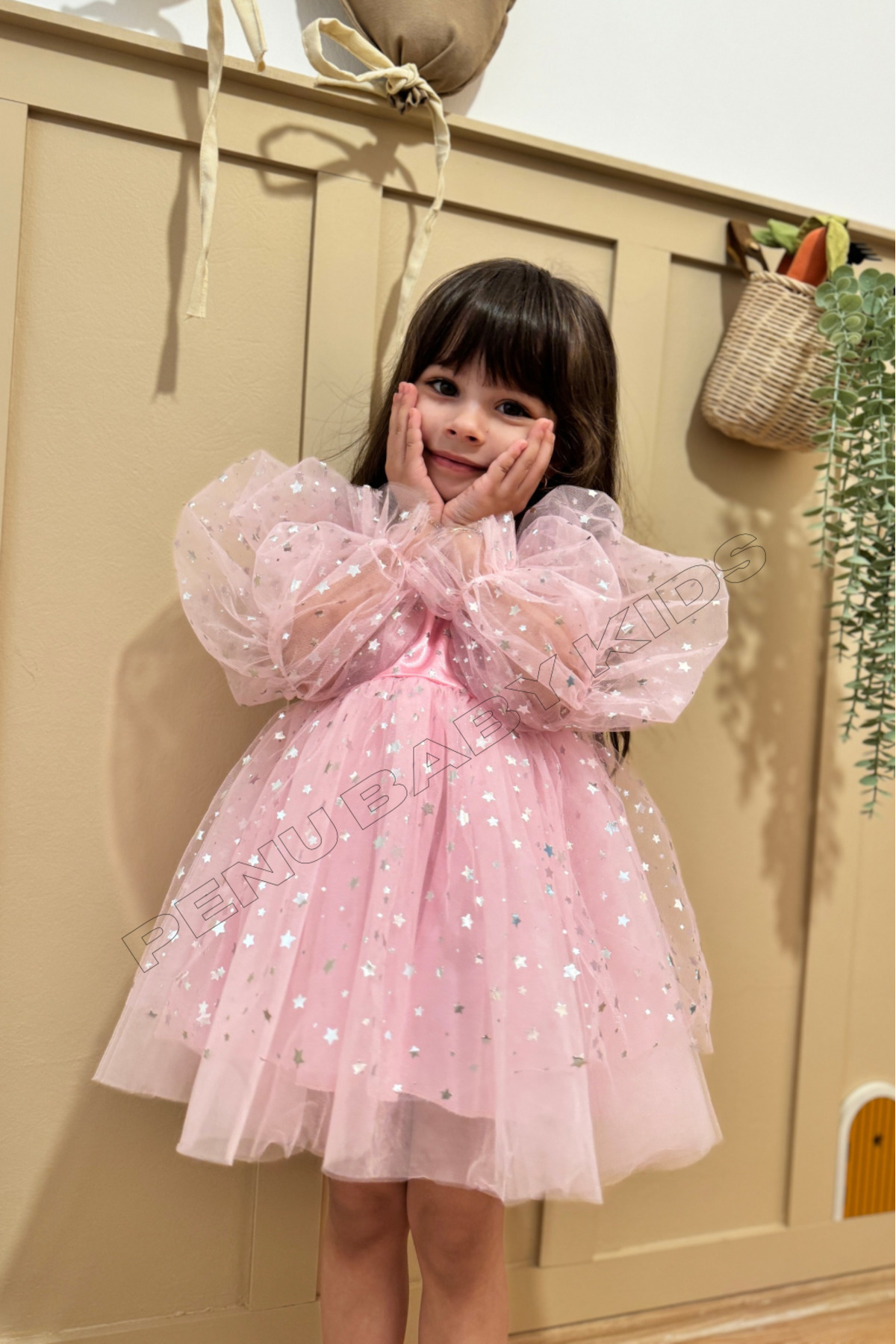 penu baby kids Pembe Balon Kol Yıldızlı Tül Uzun Kol Kız Çocuk Elbise fotoğrafı 3 (önizleme)