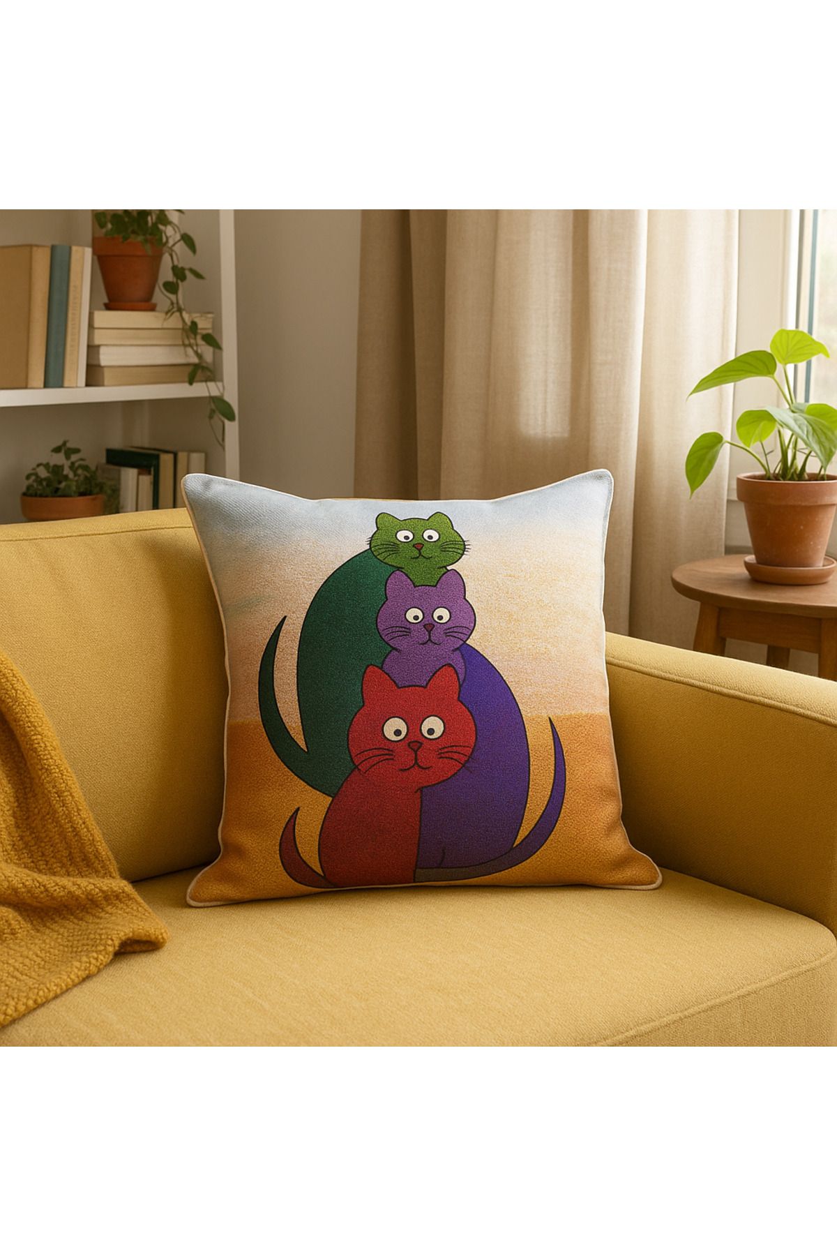 Pisofty Renkli Kedi Desenli Goblen Kırlent Kılıfı - 43x43 cm | El Yapımı Görünümlü Dekoratif Yastık