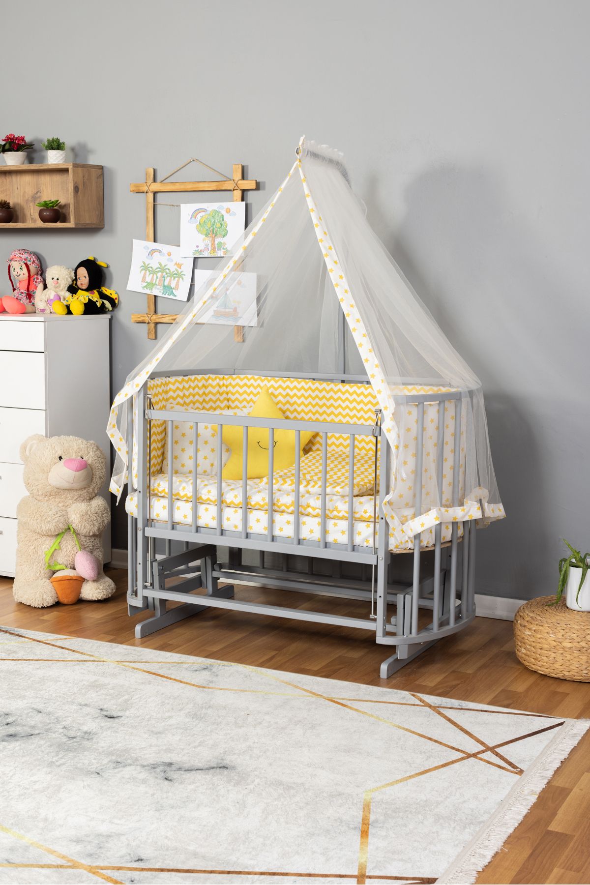 Carino Wins Ahşap Beşik Anne Yanı Yeni Doğan Papatya GRİ Bebek Beşiği SARI YILDIZ UYKU SETLİ