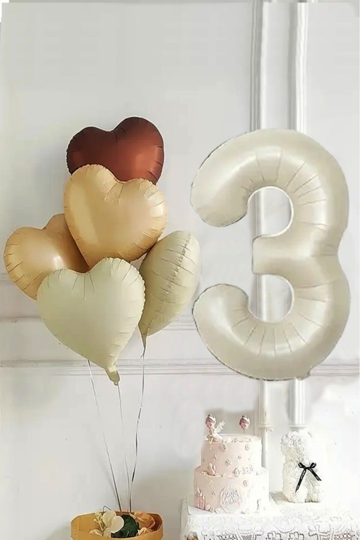 BeySüS 3 Yaş Retro Doğum Günü Balon Seti 5 Adet Kalp Balon