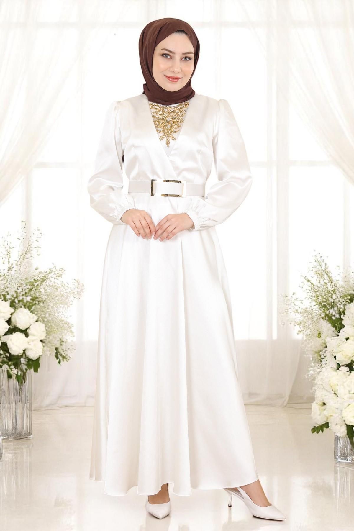 Missvalle Taş Detaylı Saten Abiye Beyaz 19901