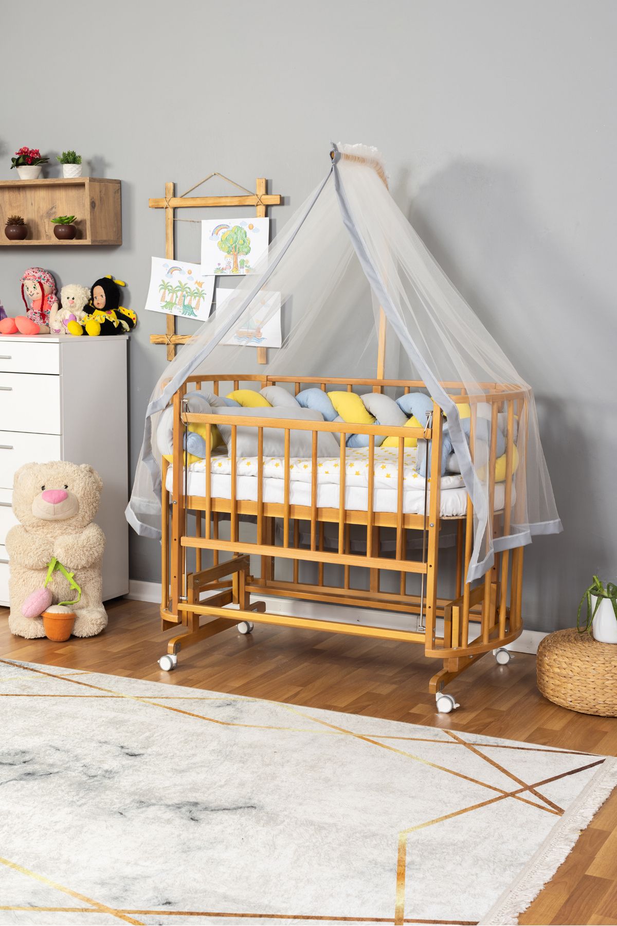 Carino Wins Ahşap Beşik Anne Yanı Yeni Doğan Papatya Doğal Bebek Beşiği SARI MAVİ ÖRGÜ UYKU SETLİ+TEKER