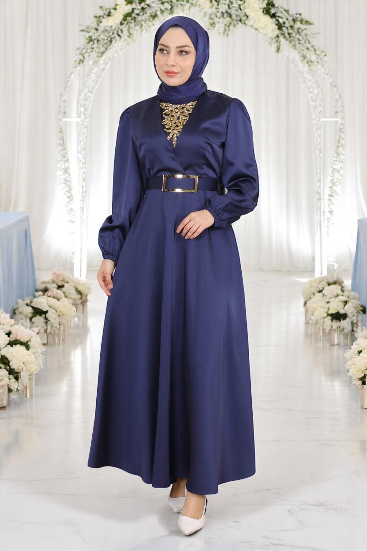 Missvalle Taş Detaylı Saten Abiye İndigo 19901