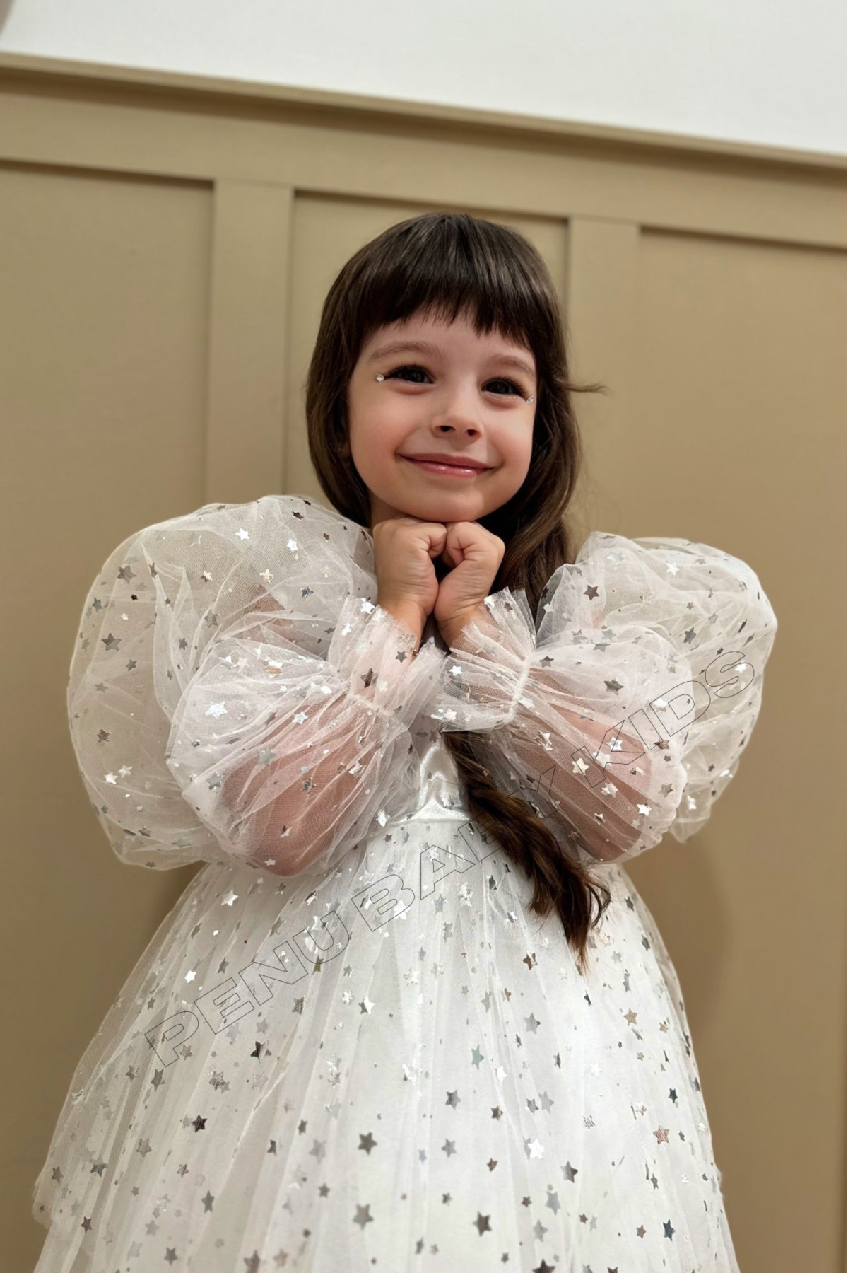 penu baby kids Beyaz Balon Kol Yıldızlı Tül Uzun Kol Kız Çocuk Elbise fotoğrafı 4 (önizleme)