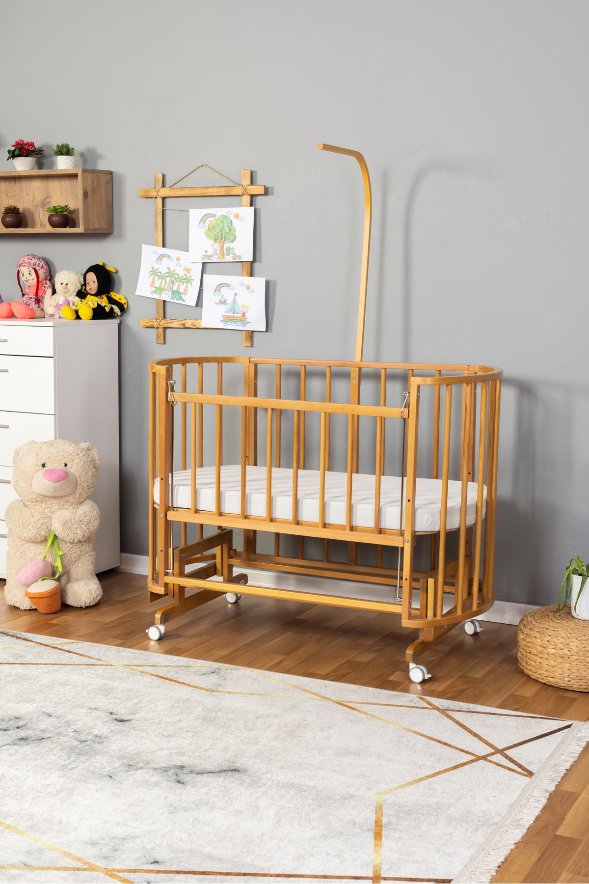 Carino Wins Ahşap Beşik Anne Yanı Yeni Doğan Papatya Doğal Bebek Beşiği TEK YATAK + TEKERLEKLİ