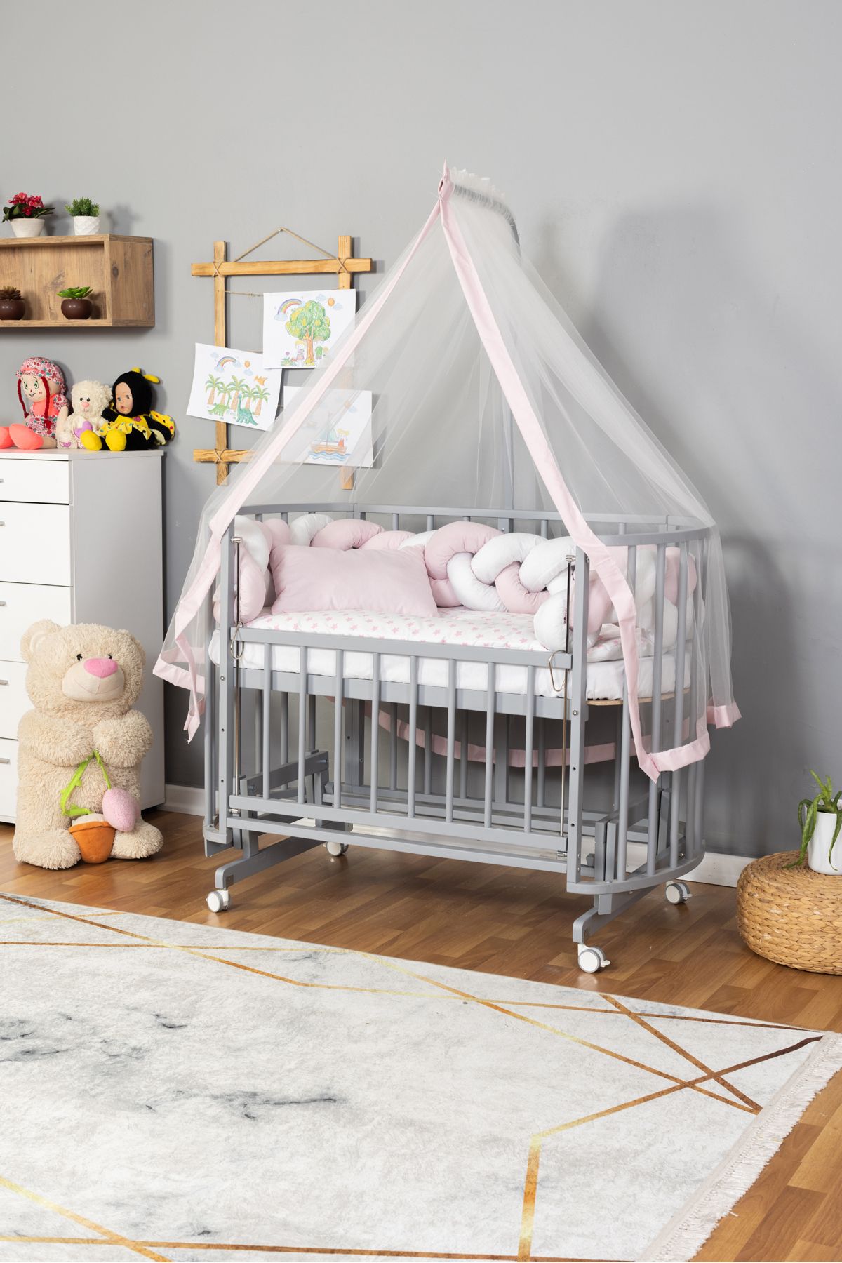 Carino Wins Ahşap Beşik Anne Yanı Yeni Doğan Papatya GRİ Bebek Beşiği PEMBE BEYAZ ÖRGÜ UYKU SETLİ+TEKER