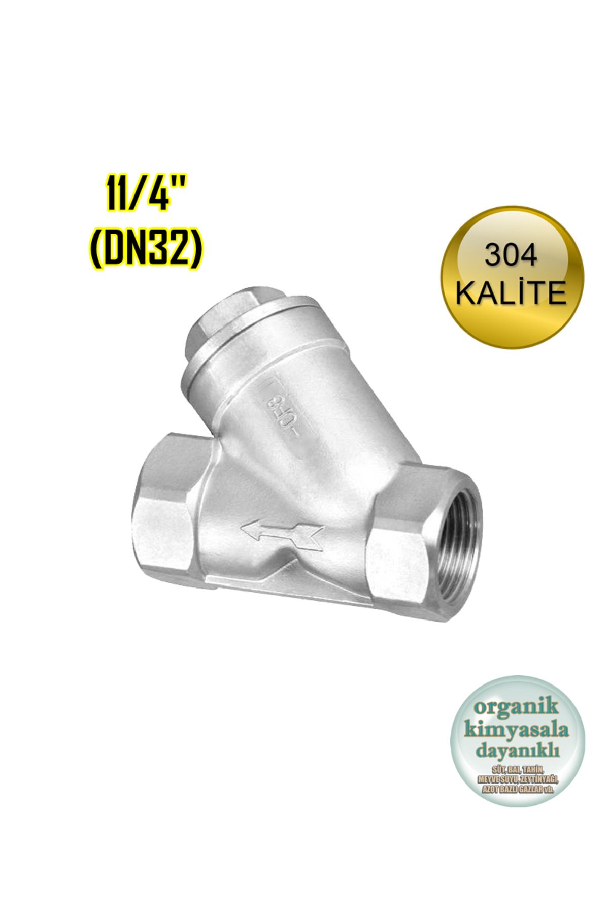 abcpaslanmaz Paslanmaz Çelik Pislik Tutucu Filtre Y Tipi 11/4'' Dişli Krom 304 Kalite