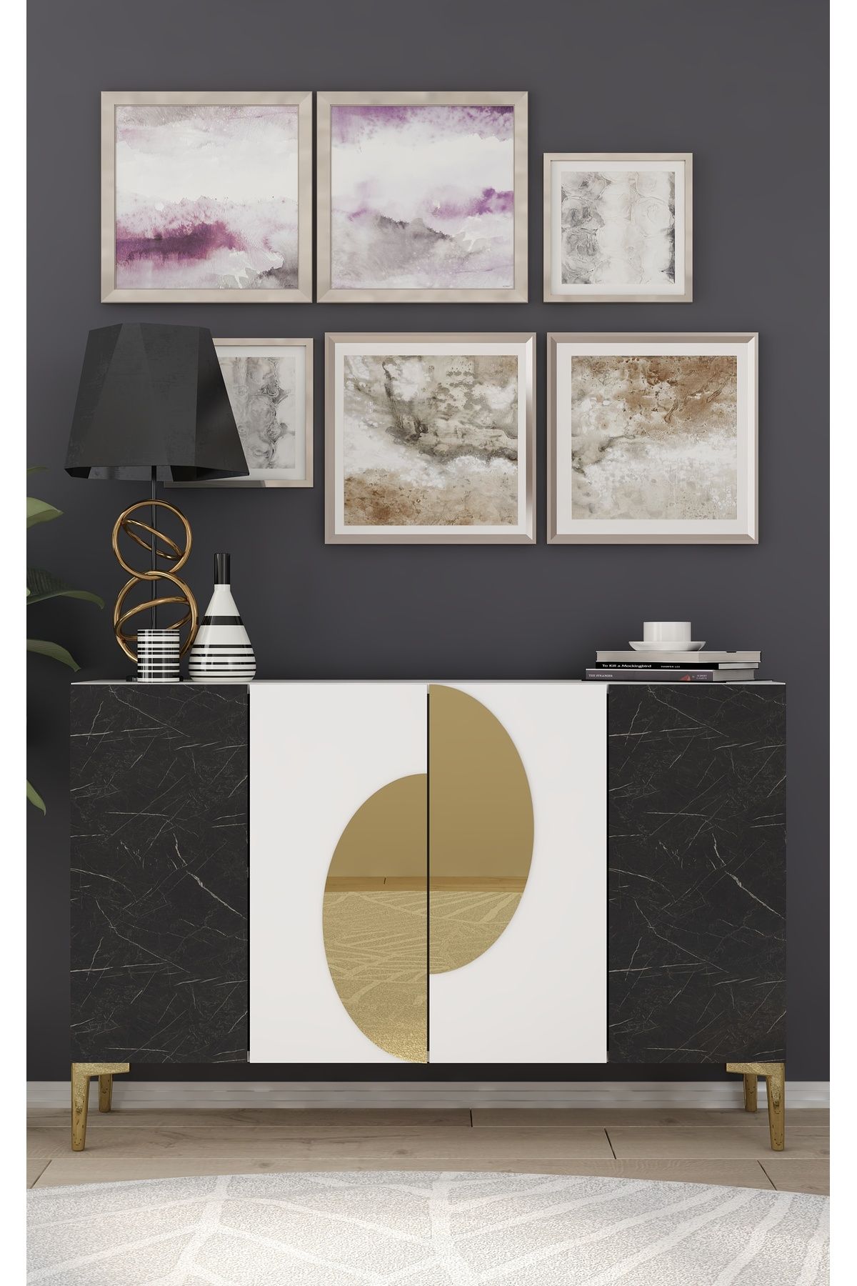 DemonteHome Afradh (KM120) Konsol,çok Amaçlı Dolap Beyaz-royalmermer-altın