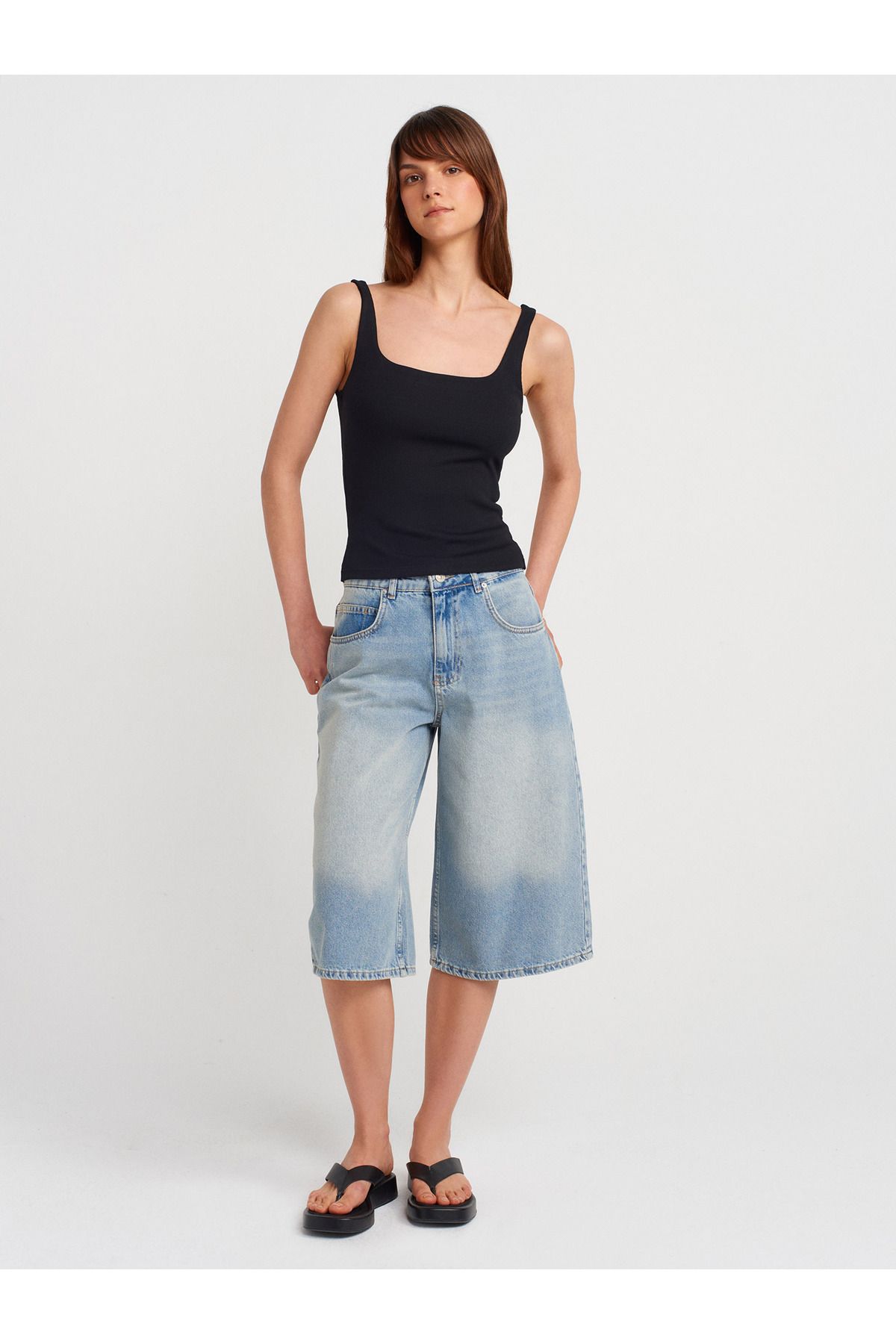 Dilvin 71985 Bol Kesim Uzun Denim Şort-Mavi