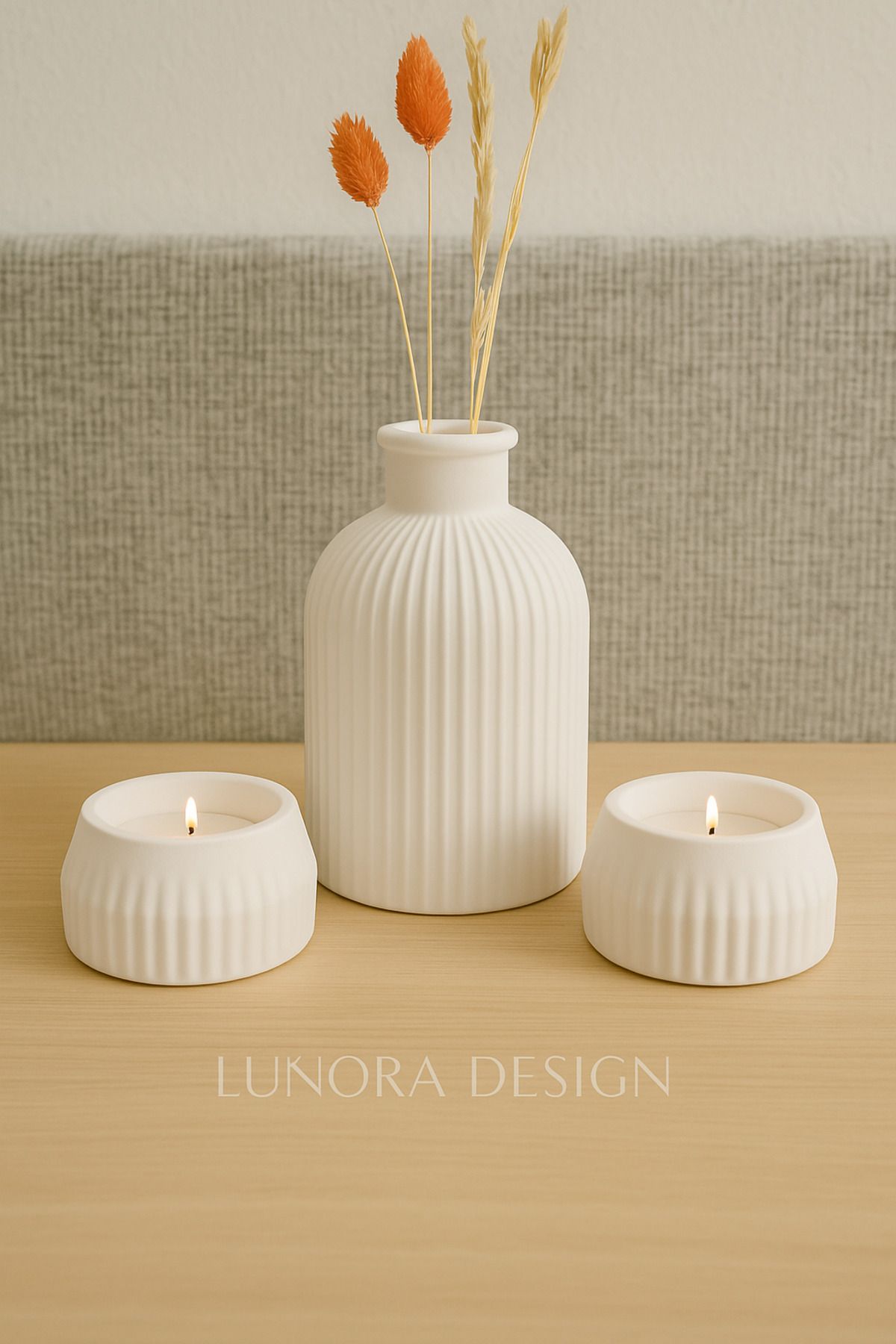 Lunora Design El Yapımı 3’lü Beyaz Dekor Seti – Vazo Ve Mumluk |