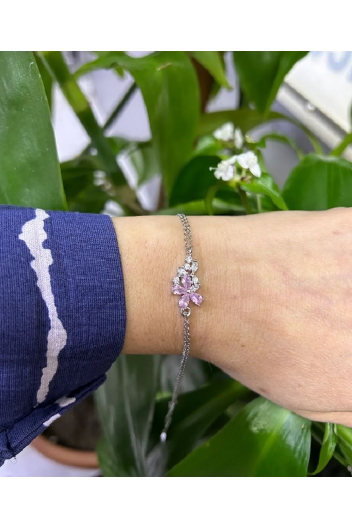 Esra Yılmaz Collection Çelik Zirkon Taş Pembe Çiçek Yaprak Bileklik