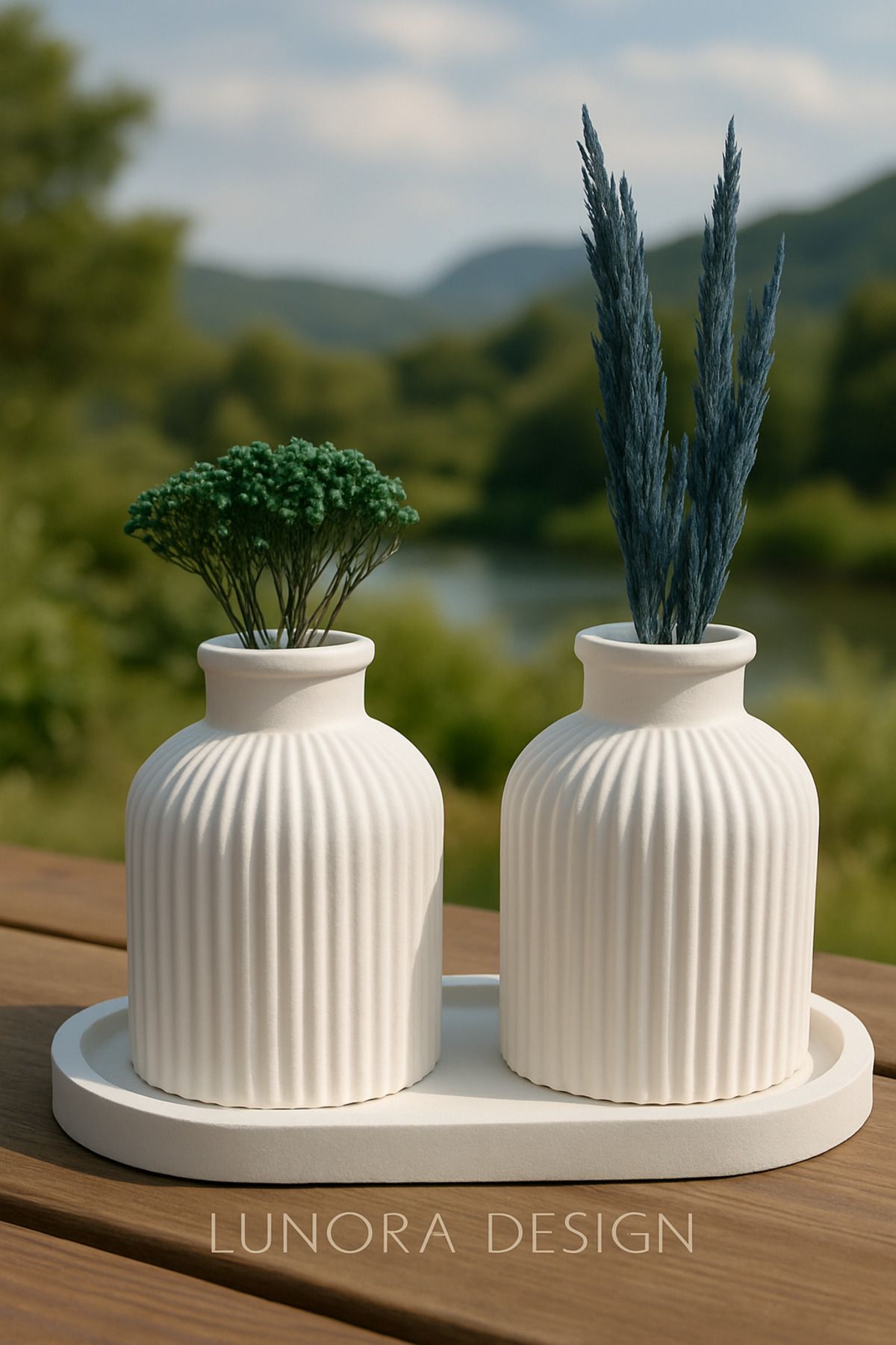 Lunora Design El Yapımı 2’li Beyaz Vazo Seti – Oval Tepsi Üstü | Lunora Design
