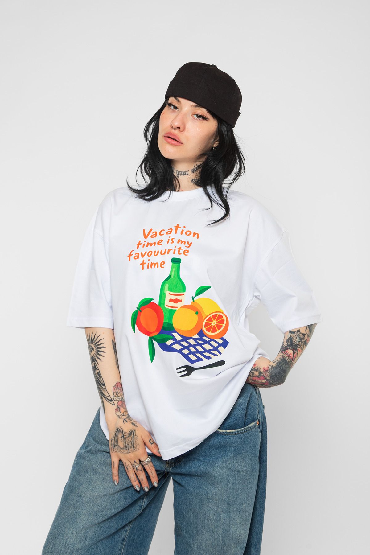Tarzsokak Fruits Baskılı Oversize Unisex Beyaz