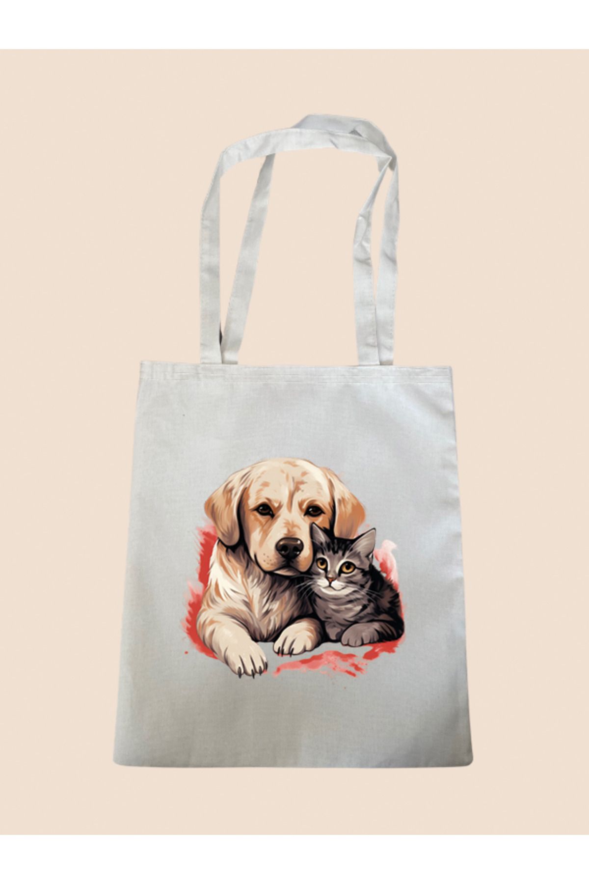 BİBANAPROMOSYON Sarılan Kedi Ve Köpek Baskılı Bez Çanta - Büyük Boy Kadın Omuz Çantası