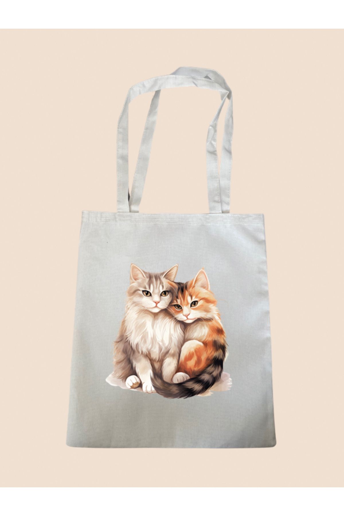 BİBANAPROMOSYON İkili Kedi Baskılı Bez Çanta - Büyük Boy Kadın Omuz Çantası