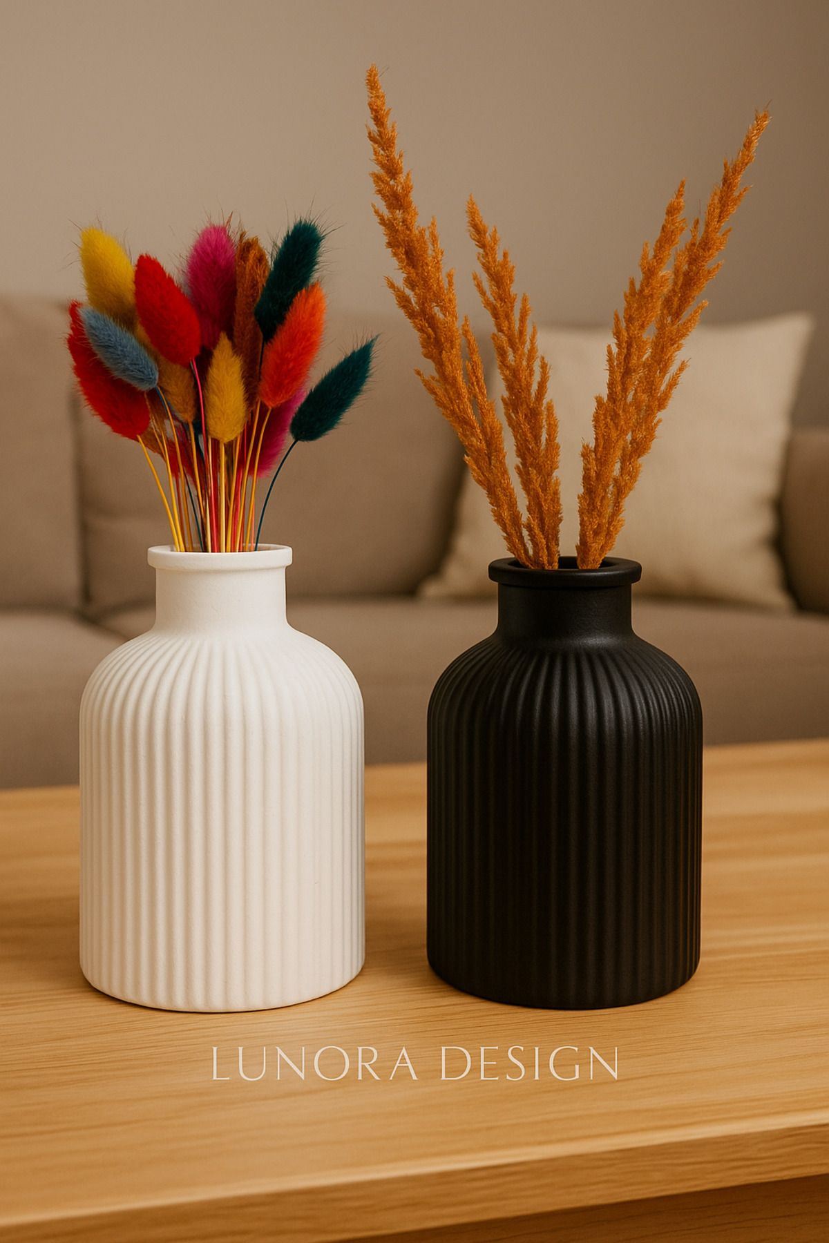 Lunora Design El Yapımı 2’li Renkli Vazo Seti – Siyah & Beyaz | Lunora Design
