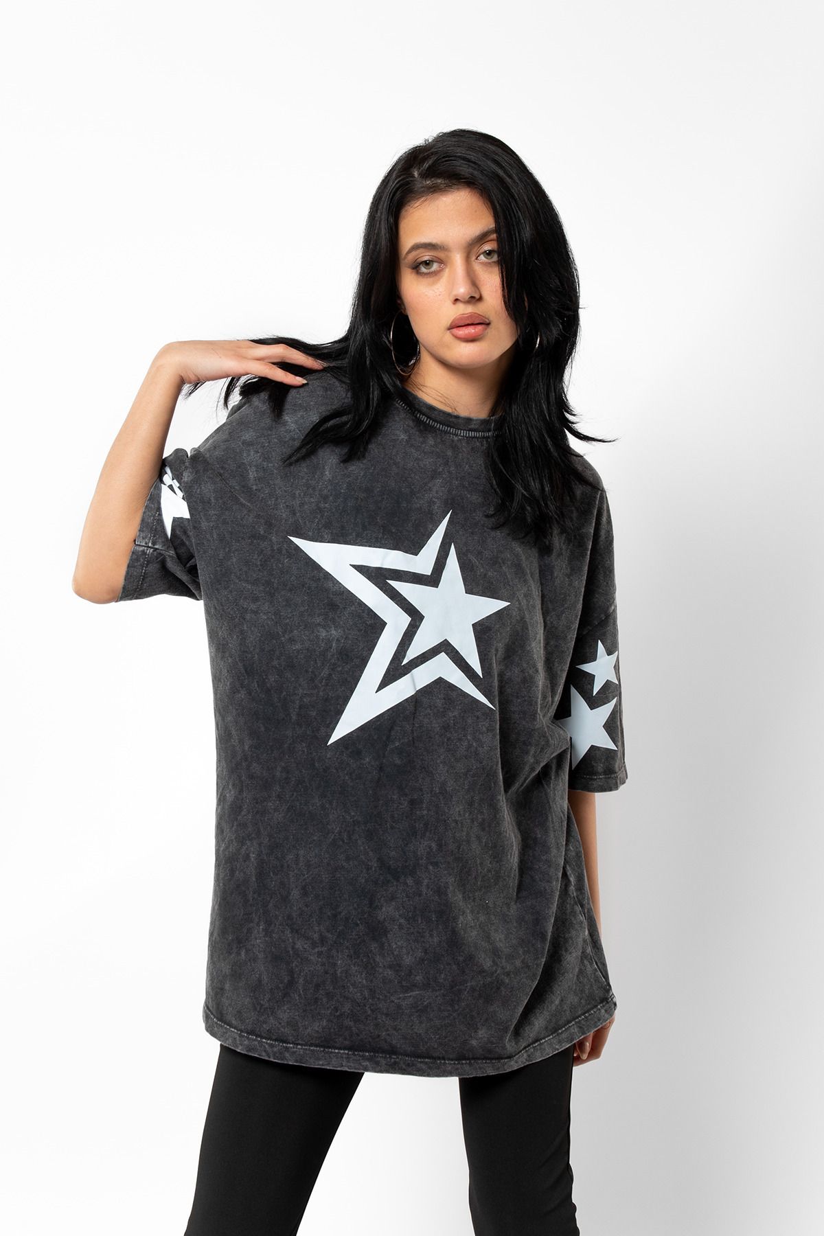 Tarzsokak Yıkamalı Siyah 816 Stars Baskılı Oversize Unisex