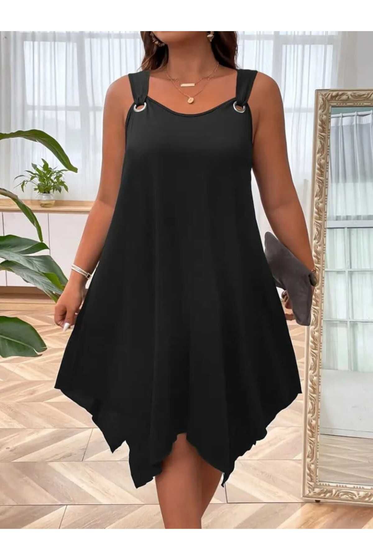 Kokosh moda Kadın Kuş Gözü Detaylı Büyük beden Asimetrik Kesim Elbise
