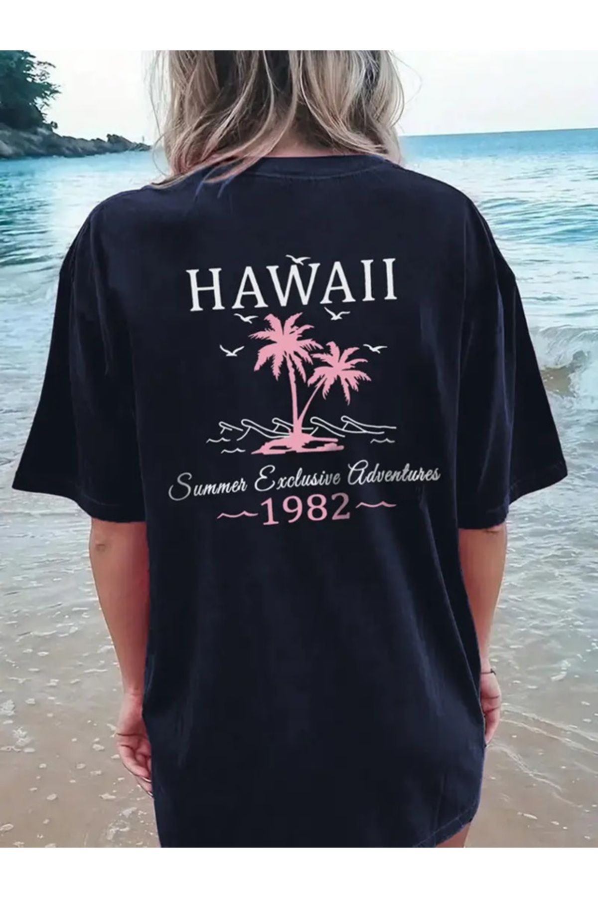 Touz Moda Hawaii Ön Arka Baskılı Unisex Oversize T-Shirt