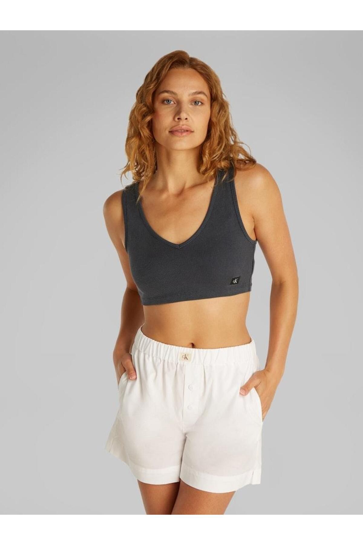 Calvin Klein Kadın WASHED WOVEN LABEL RIB BRALETTE T-Shirt