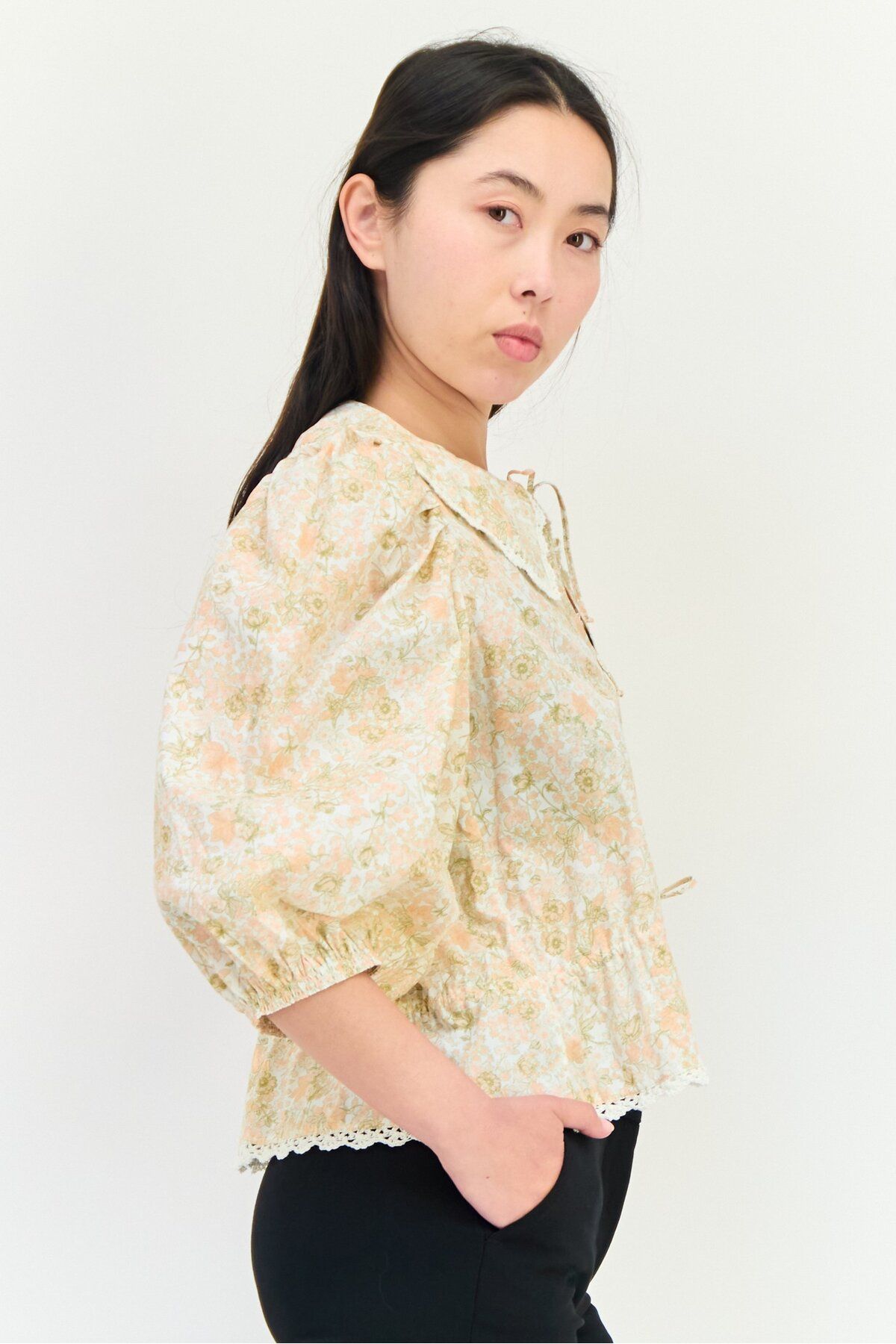 Maje-Women Tie Neck 3/4 Sleeves Allover Print Blouse, Floral 4
