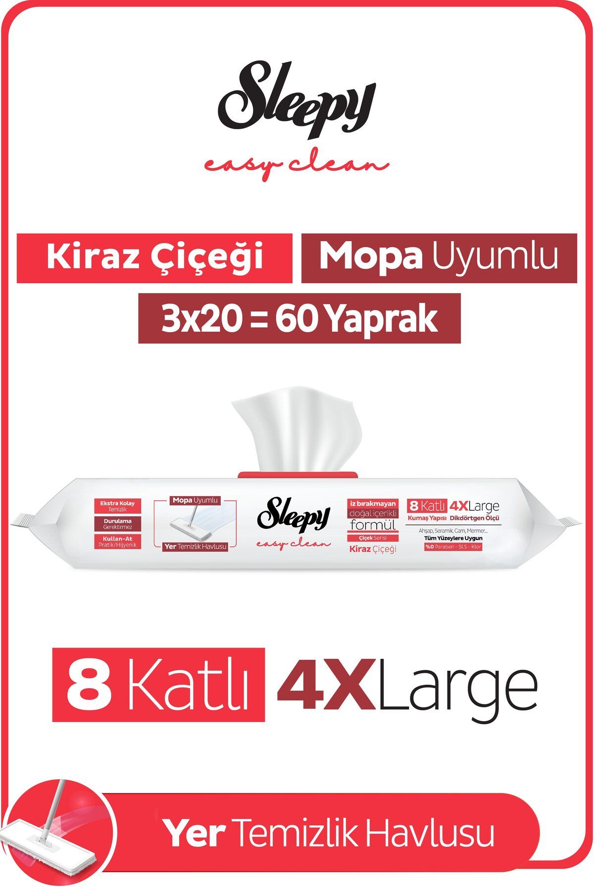 Sleepy Easy Clean Kiraz Çiçeği Mopa Uyumlu Yer Temizlik Havlusu&Mendili 3X20 (60 Yaprak)