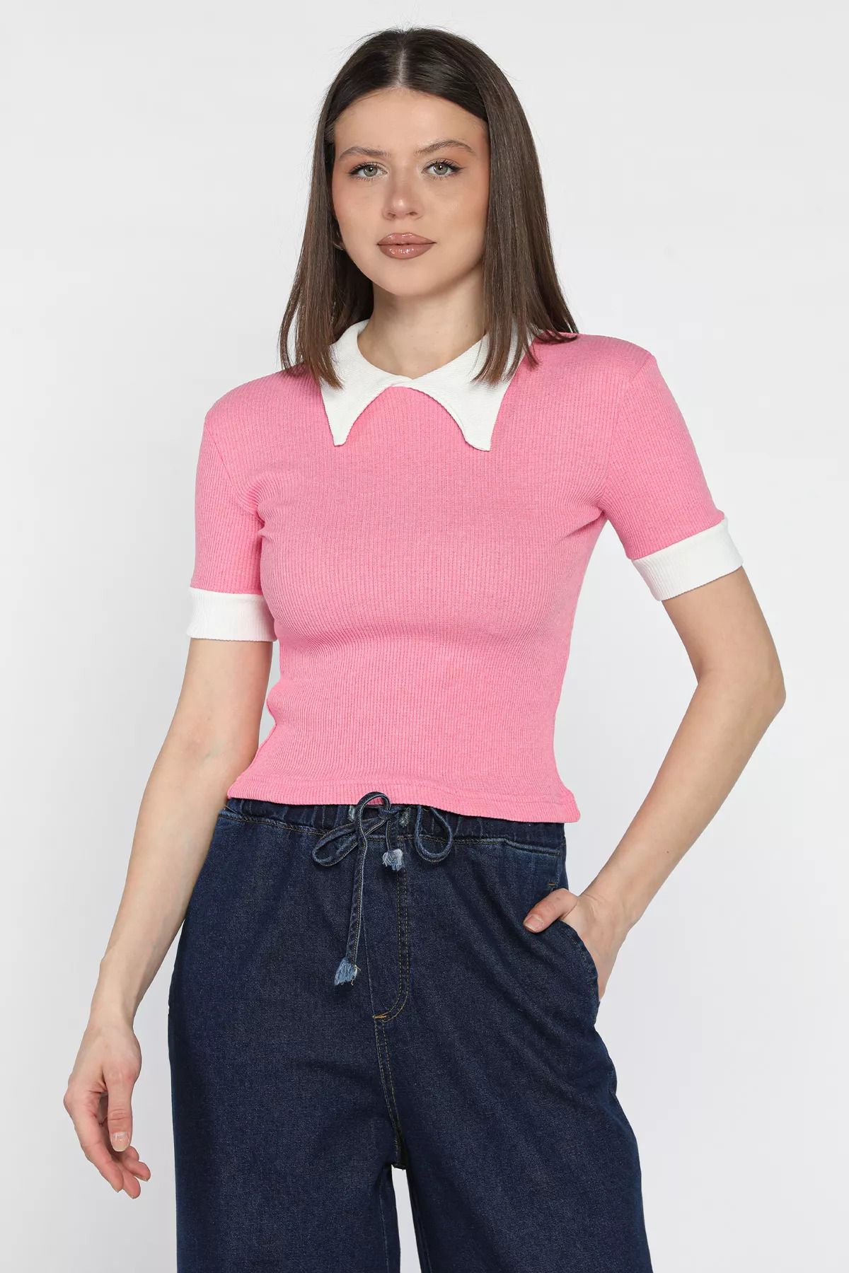 GÜLSELİ Pembe Kadın Polo Yaka Renk Garnili Kaşkorse Bluz