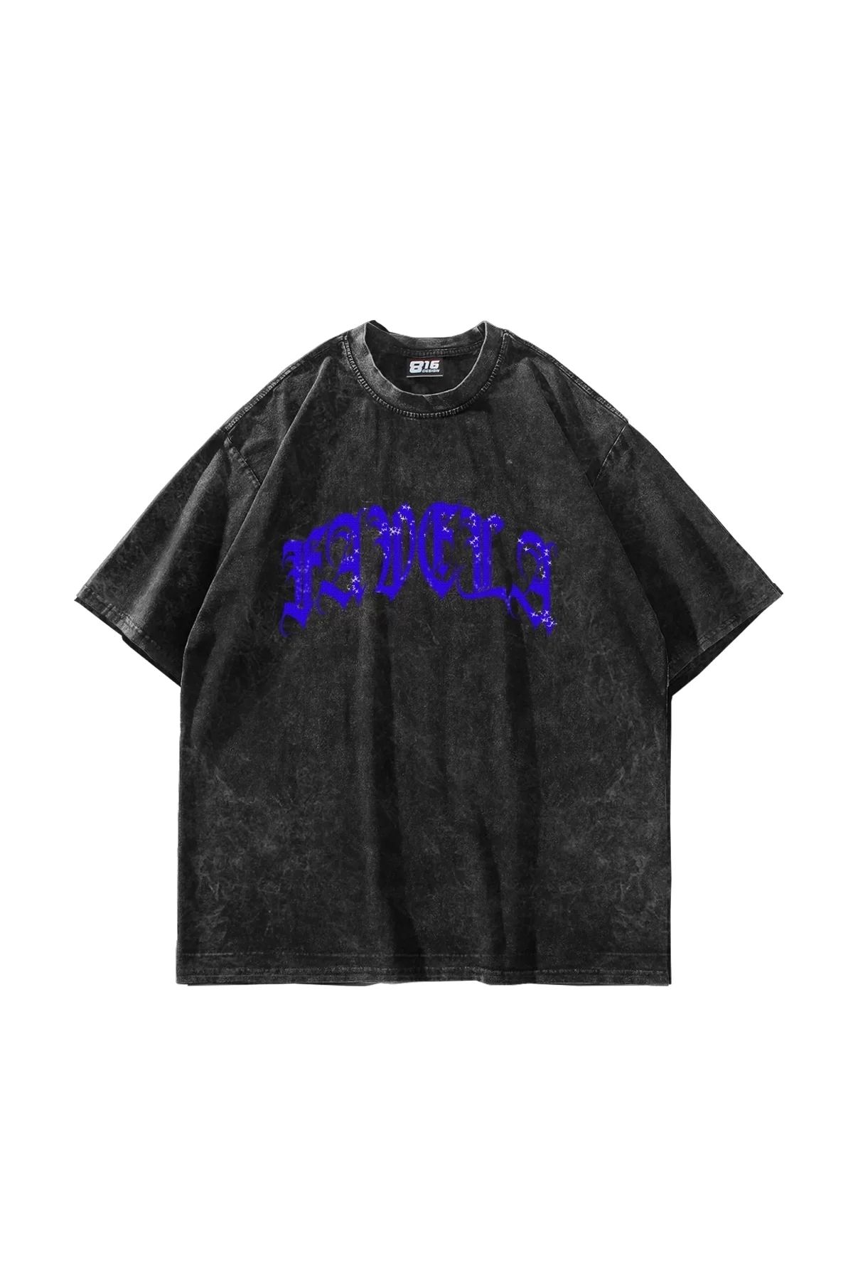 Tarzsokak Favela Mavi Taş Baskılı Oversize Unisex Yıkamalı Siyah