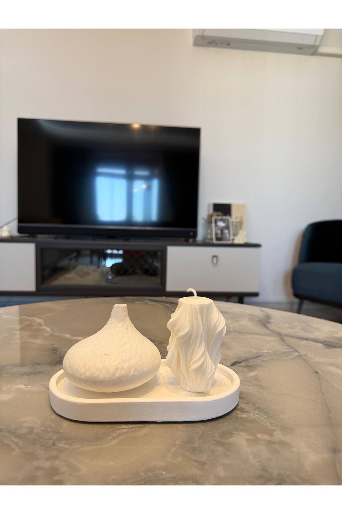 Aysili Dekorasyon Taş Tozu Vazo Soyawax Burgu Mum Dekoratif Set