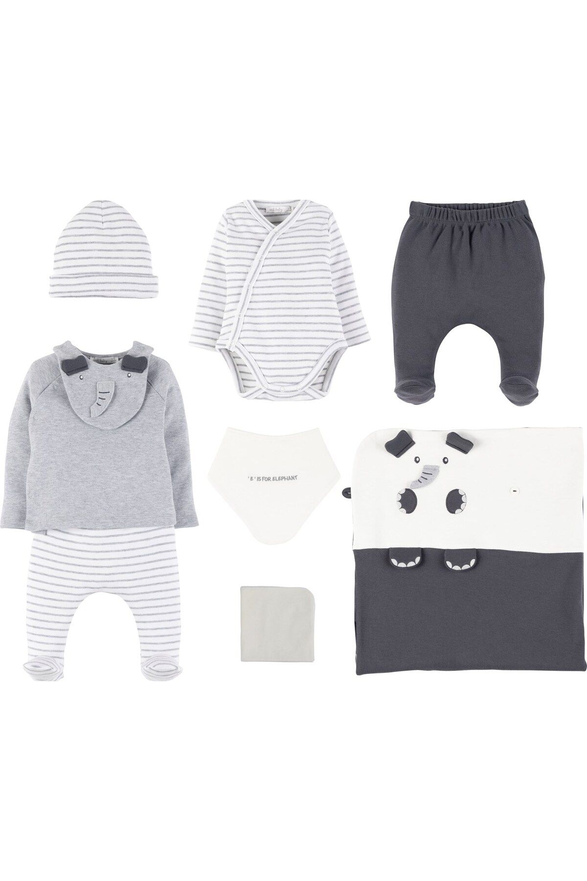 İdilbaby&Mamino İDİLBABY&MAMİNO bebek gri fil detaylı 8'li hastane çıkış set