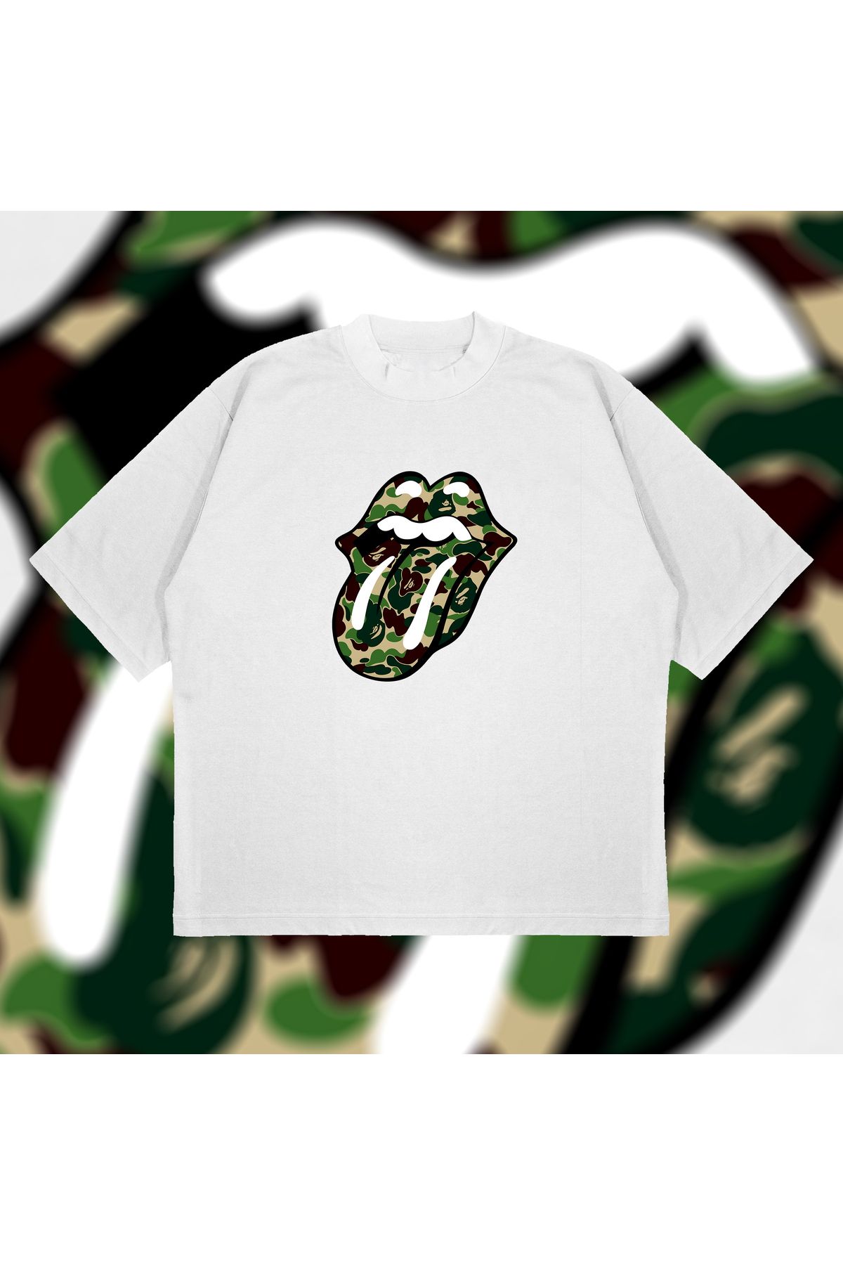 Tarzsokak A Bathing Ape X Rolling Stones Green Boxy Fit Oversize Unisex Tshirt – Baskılı Tiş