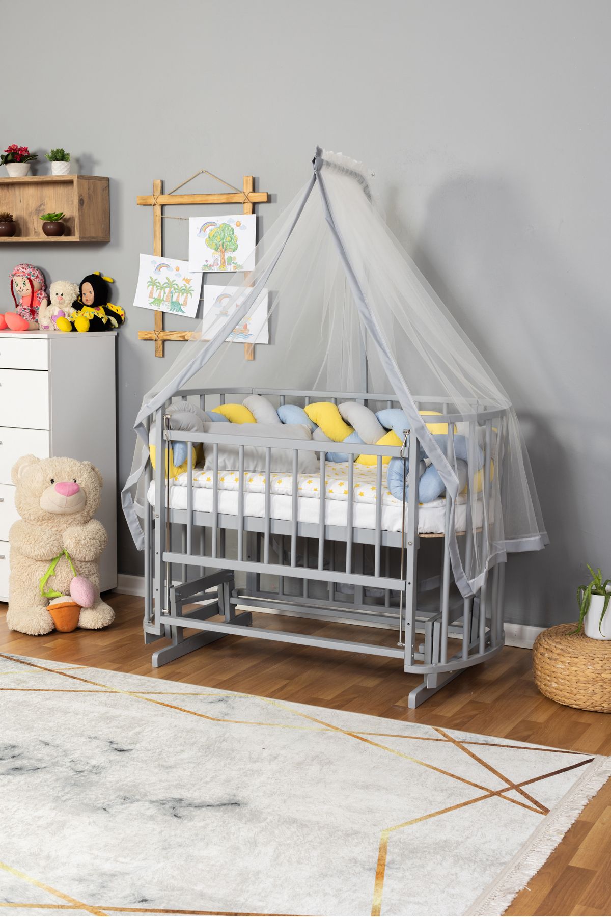 Carino Wins Ahşap Beşik Anne Yanı Yeni Doğan Papatya GRİ Bebek Beşiği SARI MAVİ ÖRGÜ UYKU SETLİ