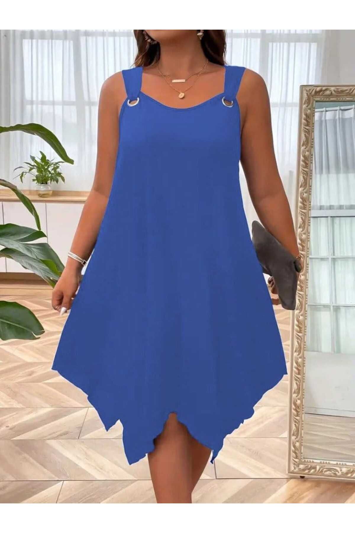 Kokosh moda Kadın Kuş Gözü Detaylı Büyük beden Asimetrik Kesim Elbise