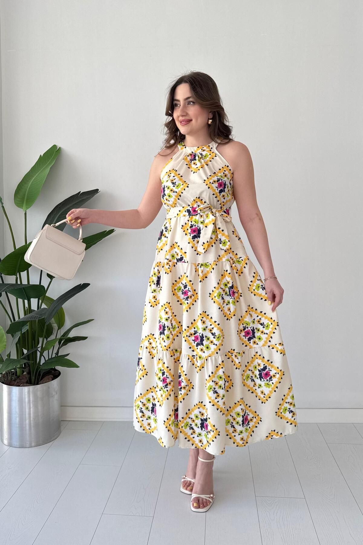 MaziButik Mine Halter Elbise Sarı