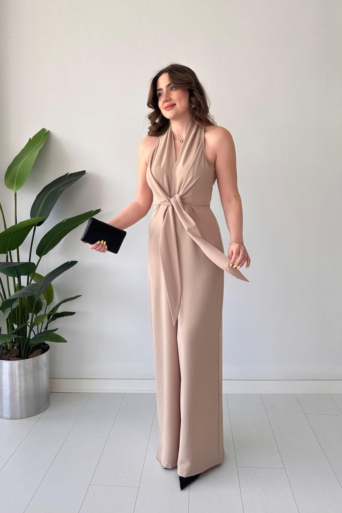 MaziButik Ön Bağlama Tulum Bej