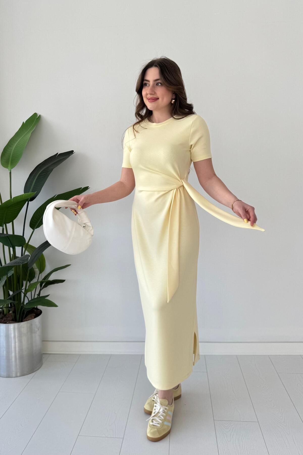 MaziButik Kısa Kollu Bağlama Elbise Sarı