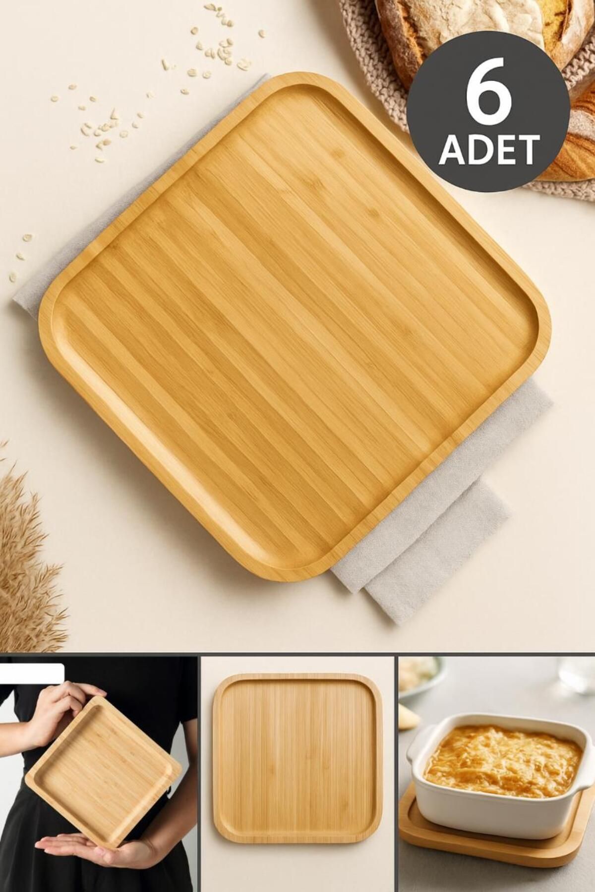 Vadi Bambu Sunum Çerez Kare Tabağı 25x25 Cm 6 Adet